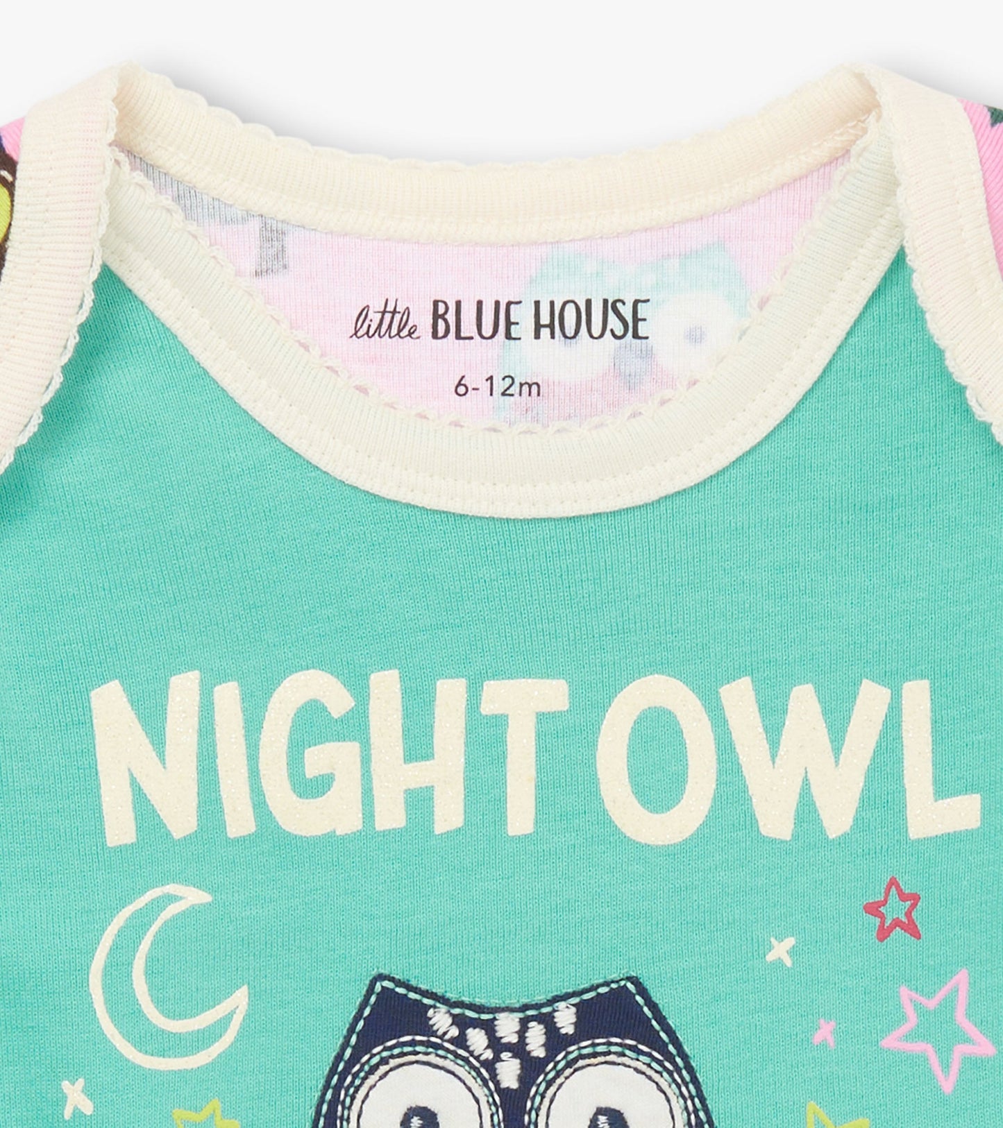 Light teal bodysuit with "NIGHT OWL" text and owl graphic, featuring a cream-colored neckline. Suitable for infants.