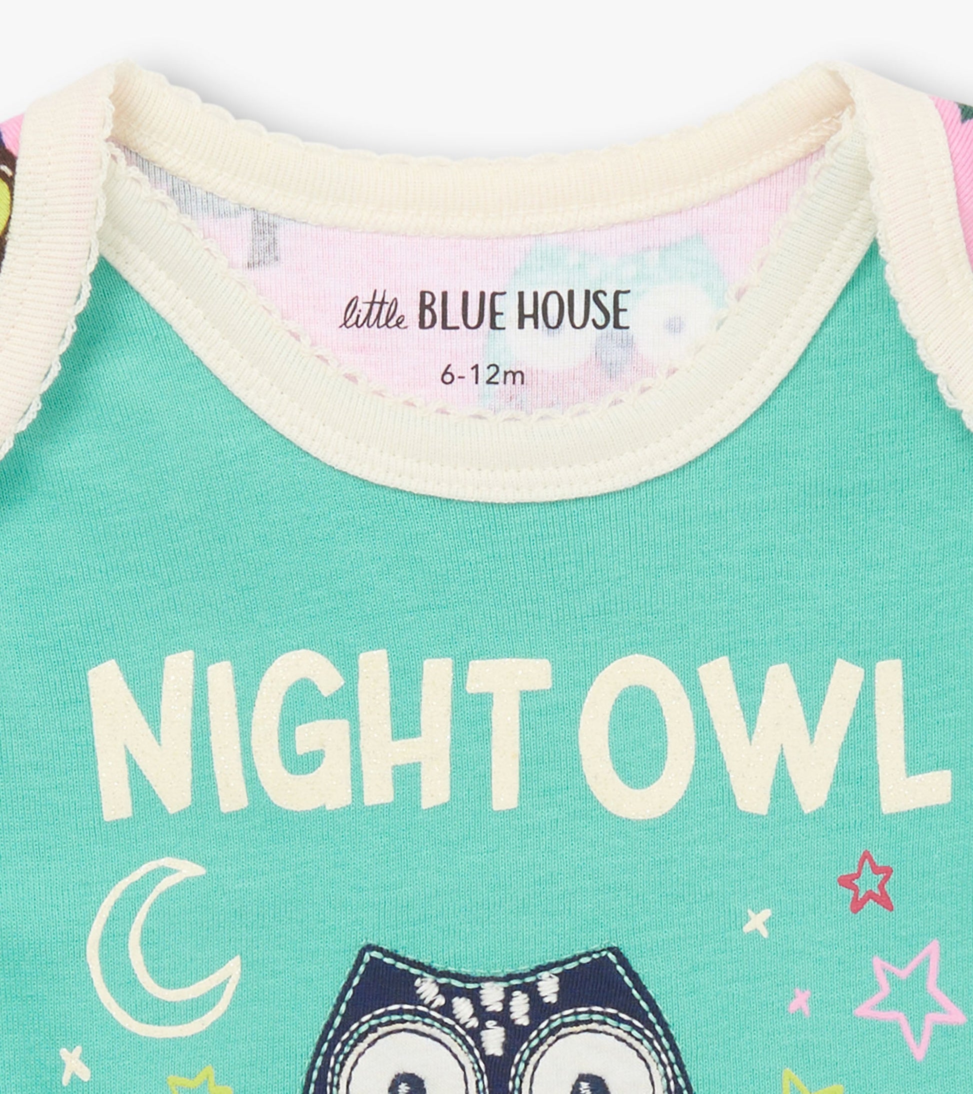 Light teal bodysuit with "NIGHT OWL" text and owl graphic, featuring a cream-colored neckline. Suitable for infants.