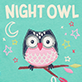Light blue bodysuit featuring a colorful owl graphic with stars and moons, paired with a matching hat.