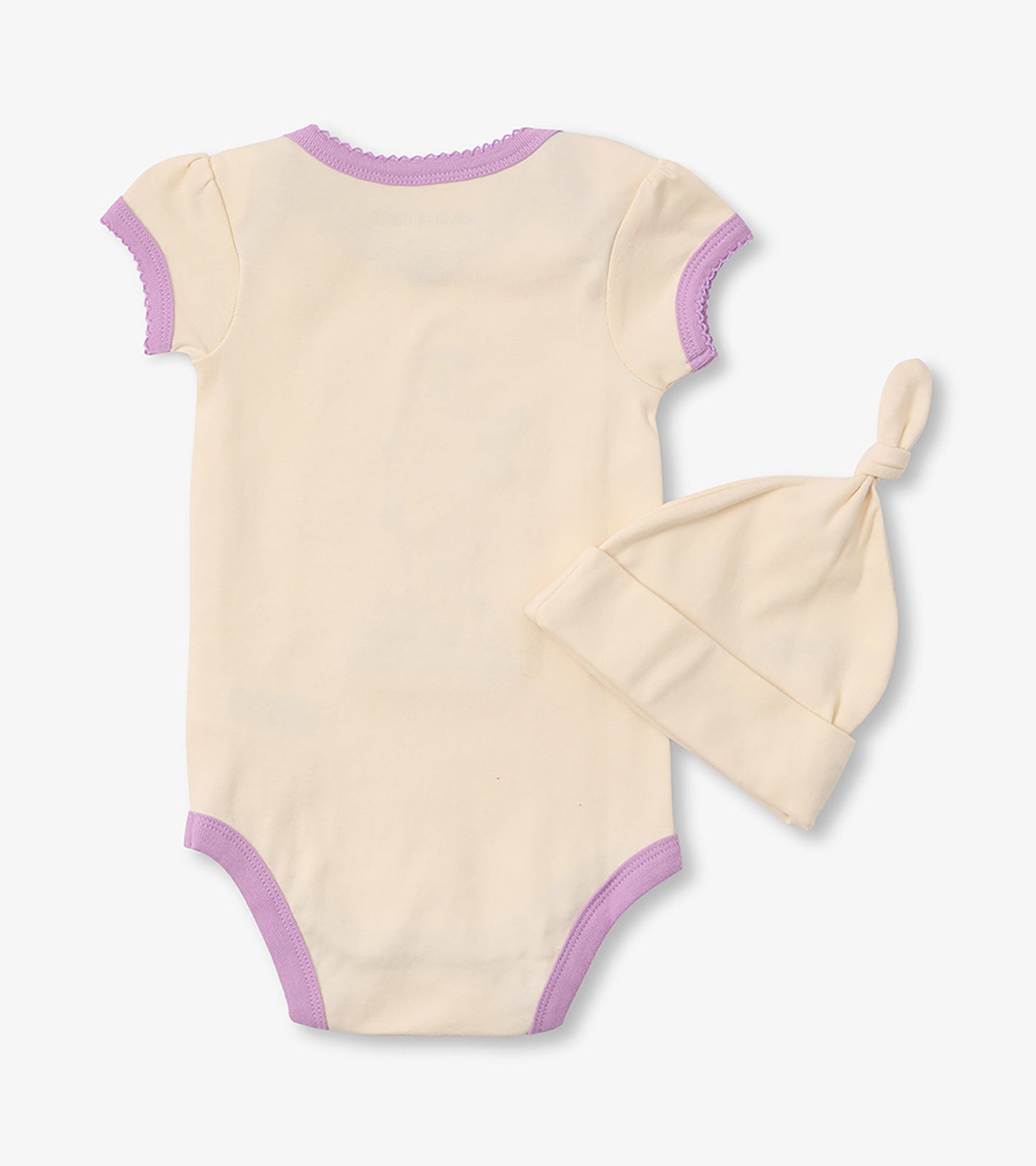 Cream bodysuit with purple trim and matching knot hat, suitable for infants aged 3-24 months.