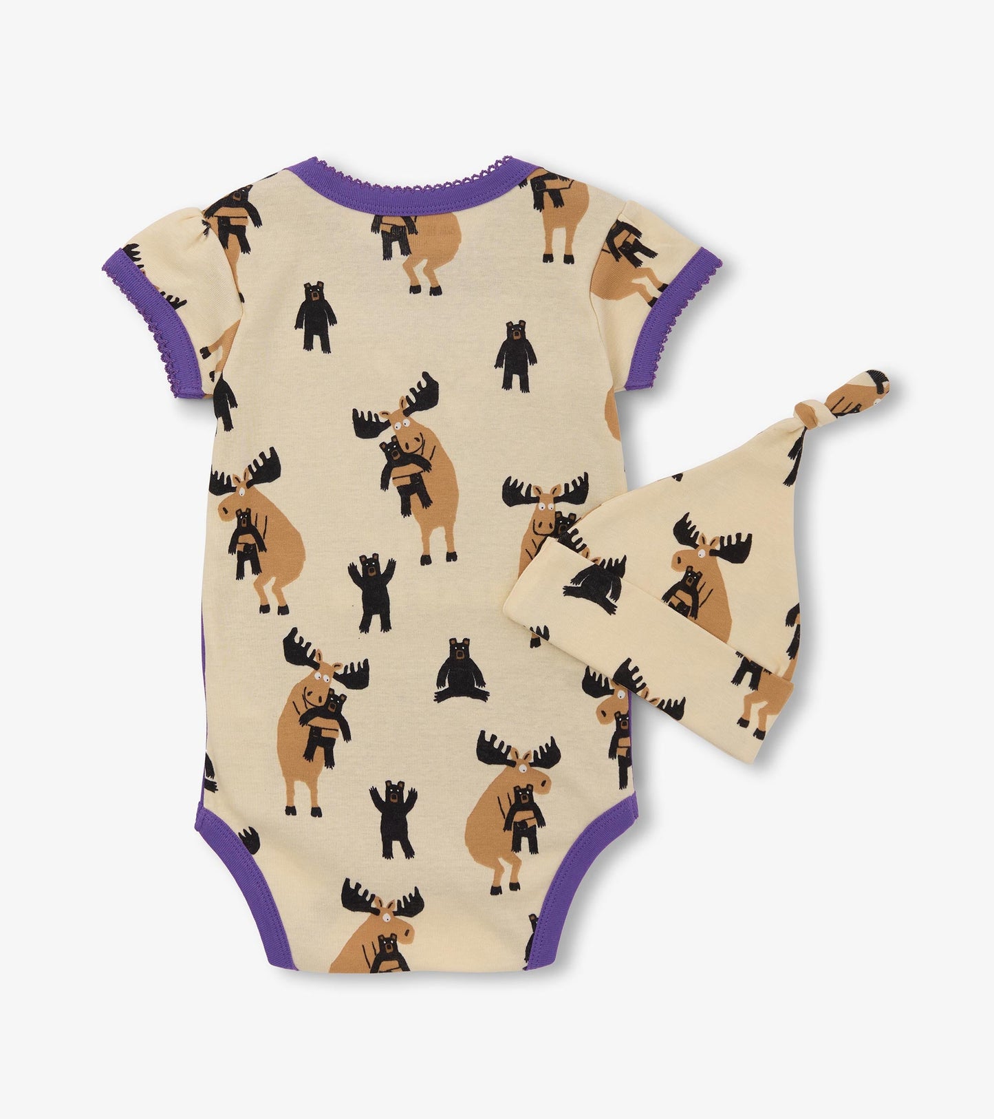 Cream bodysuit with moose and bear print, purple trim, paired with a matching hat featuring the same design.