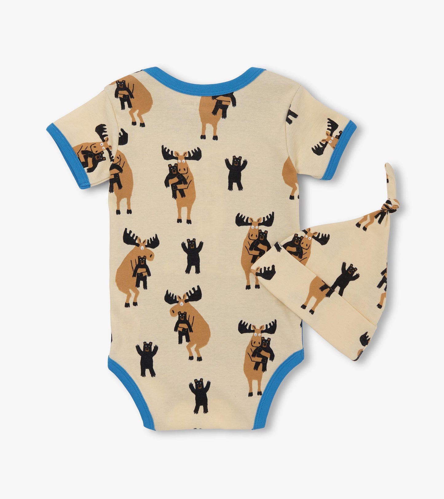 Light beige bodysuit with blue trim, featuring moose and bear prints, paired with a matching hat.