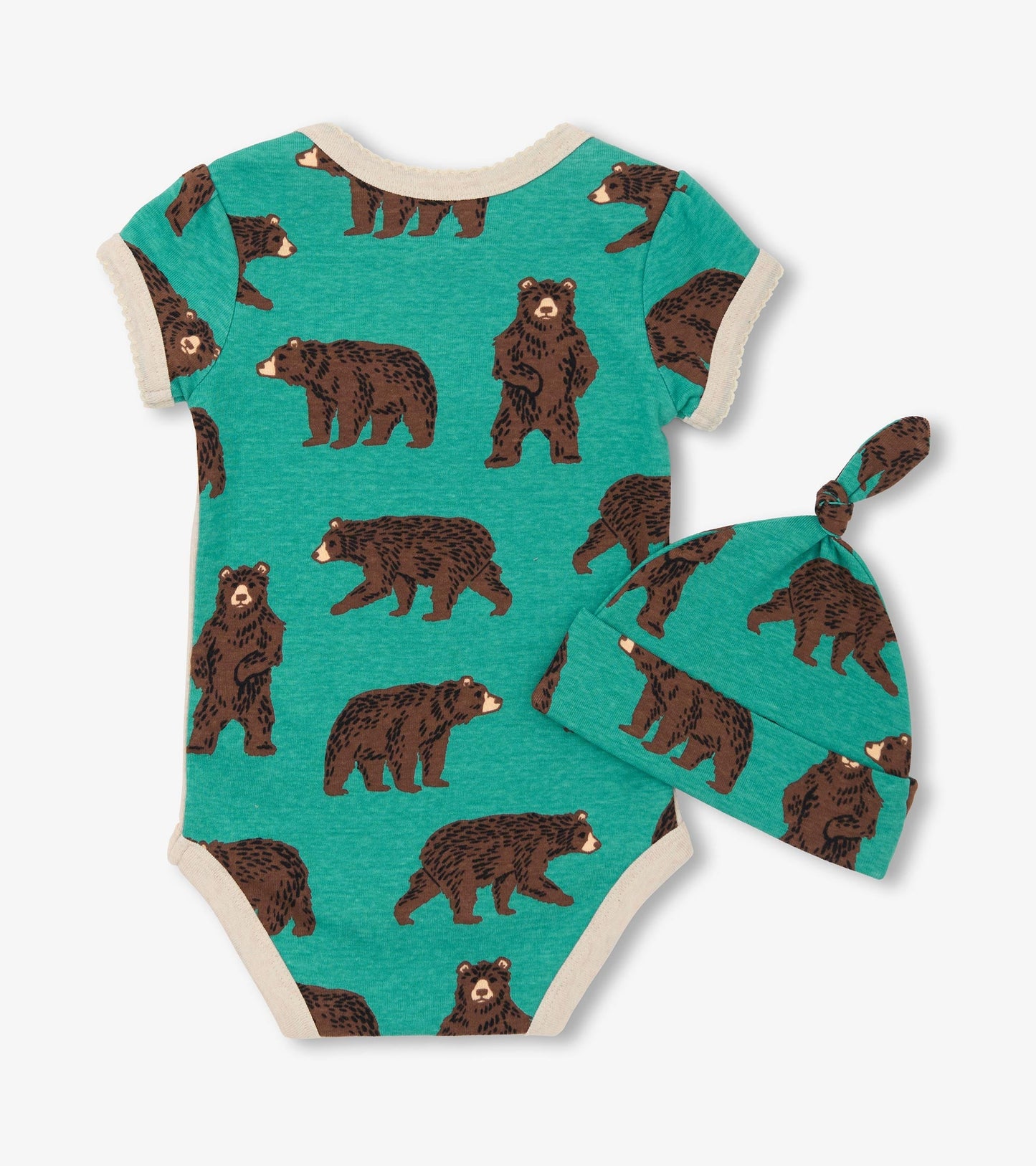 Turquoise bodysuit with brown bear patterns and matching knotted hat, suitable for baby boys, available in multiple sizes.