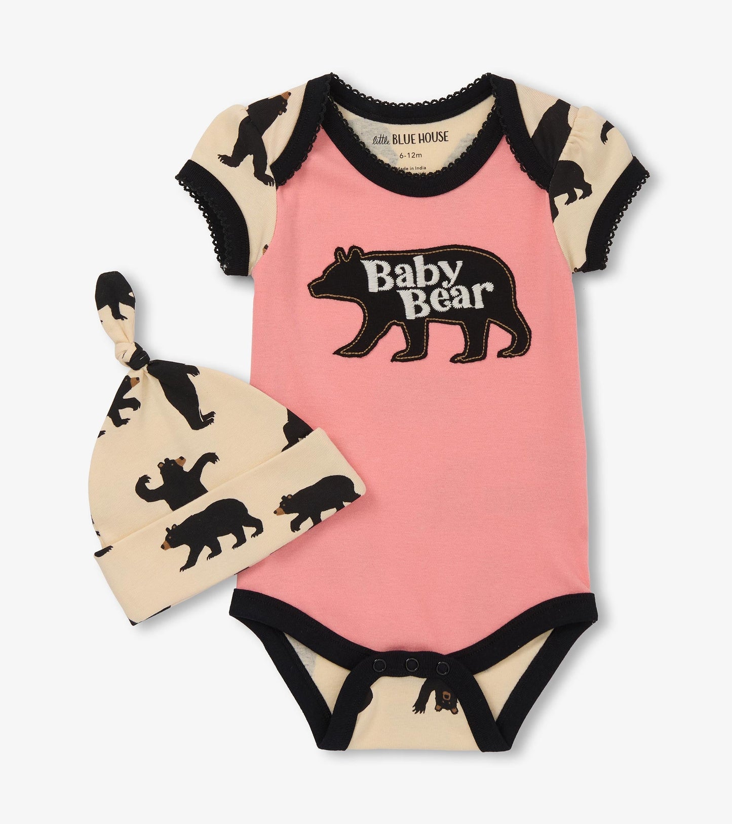 Pink bodysuit with black bear graphic and matching hat featuring bear patterns, suitable for baby girls.