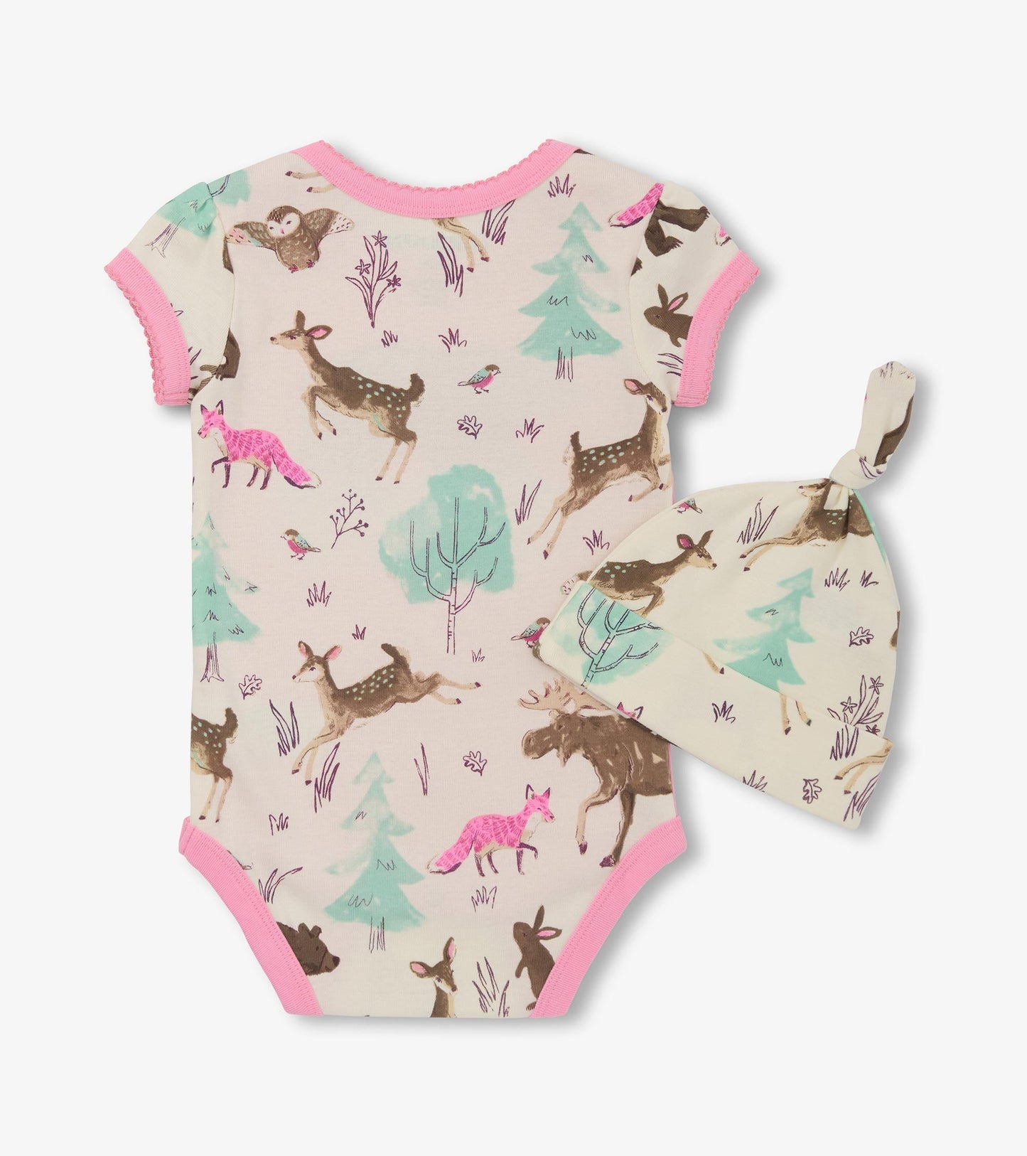 Light pink bodysuit with forest animal print and matching hat, featuring short sleeves and a snap closure at the bottom.