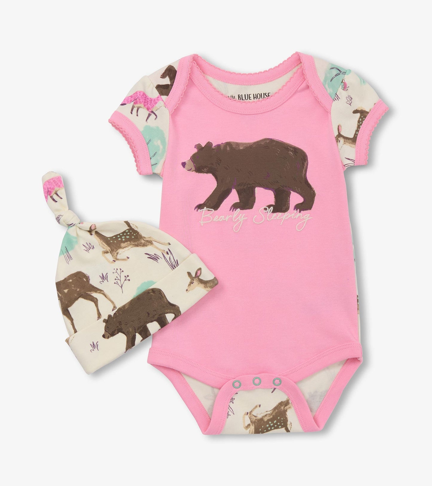 Pink bodysuit with bear graphic and patterned sleeves, paired with a matching hat featuring forest animals.