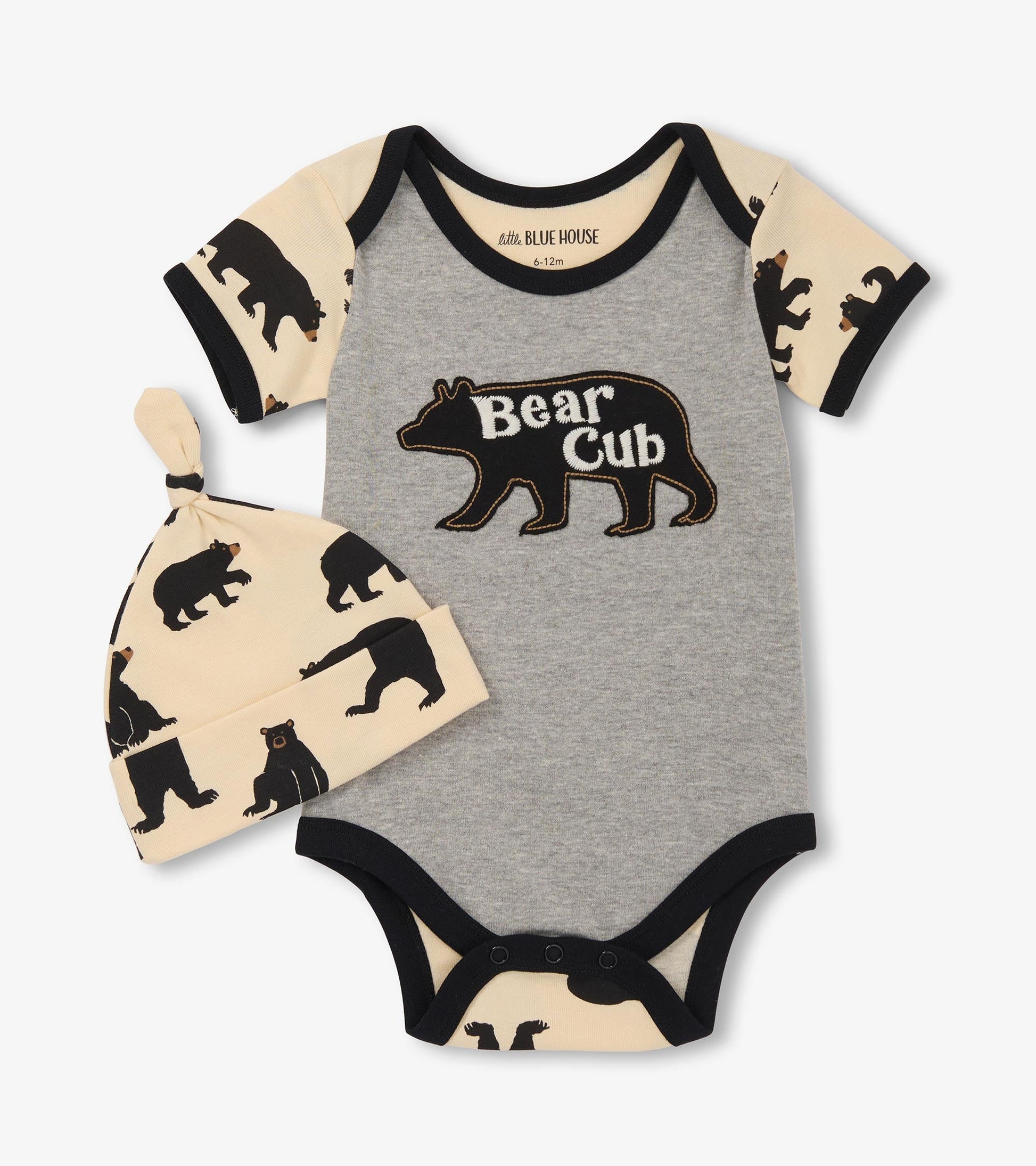 Grey bodysuit with bear graphic and matching hat featuring bear patterns, suitable for baby boys.