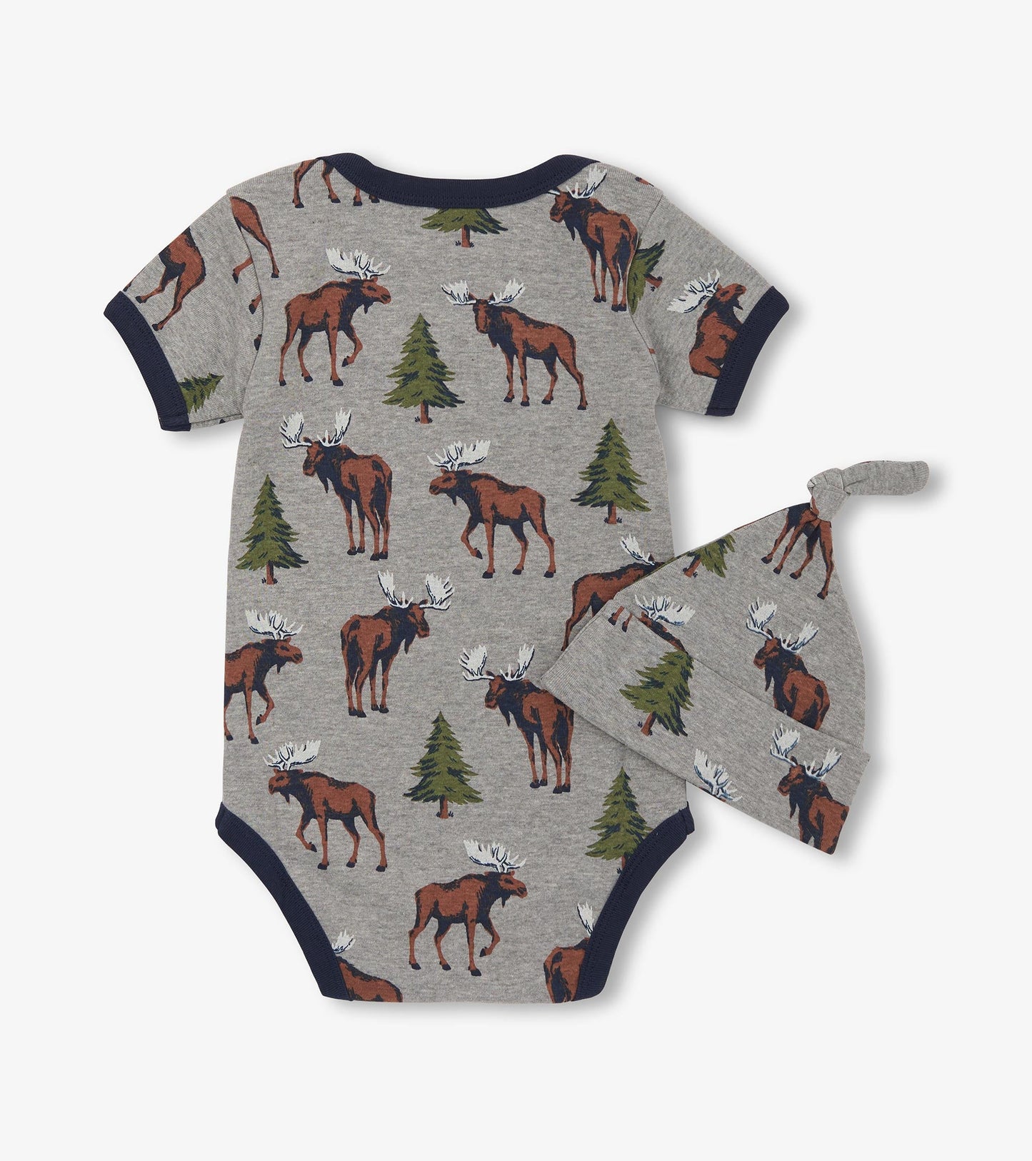 Gray bodysuit with moose and tree print, paired with a matching hat featuring a knot top. Suitable for baby boys.