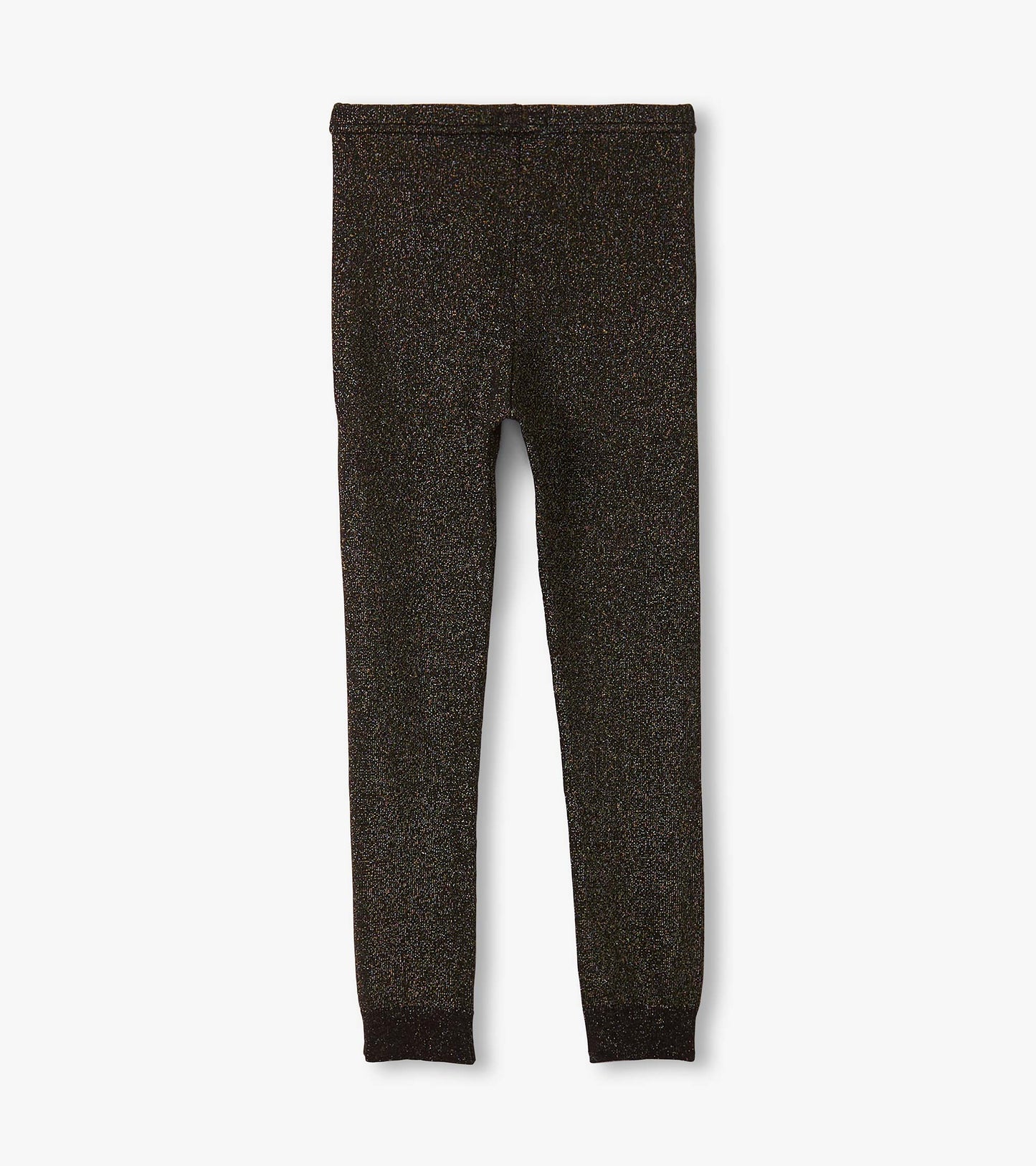 Black glitter leggings with a fitted design, featuring an elastic waistband and tapered legs. Suitable for girls.