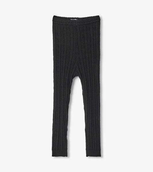 Black cable knit leggings for baby girls, featuring a stretchy waistband and ribbed texture. Suitable for casual wear.