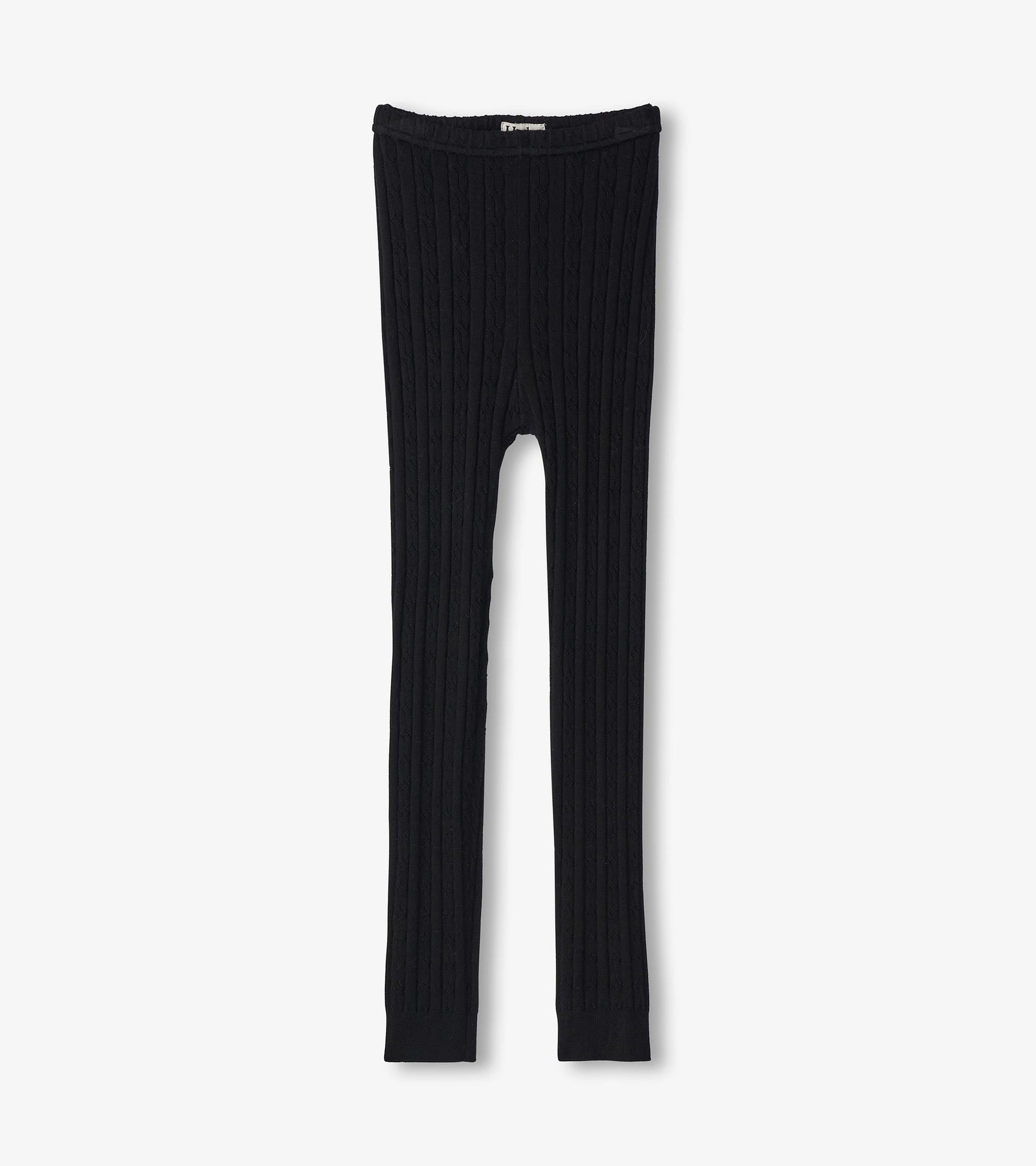 Black cable knit leggings with a fitted design, suitable for casual wear.