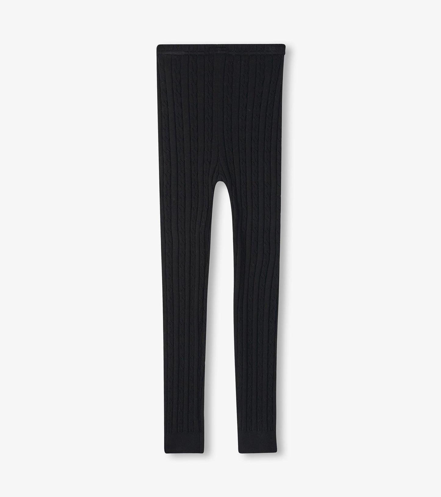 Black cable knit leggings with a snug fit, featuring a textured pattern and elastic waistband. Suitable for casual wear.