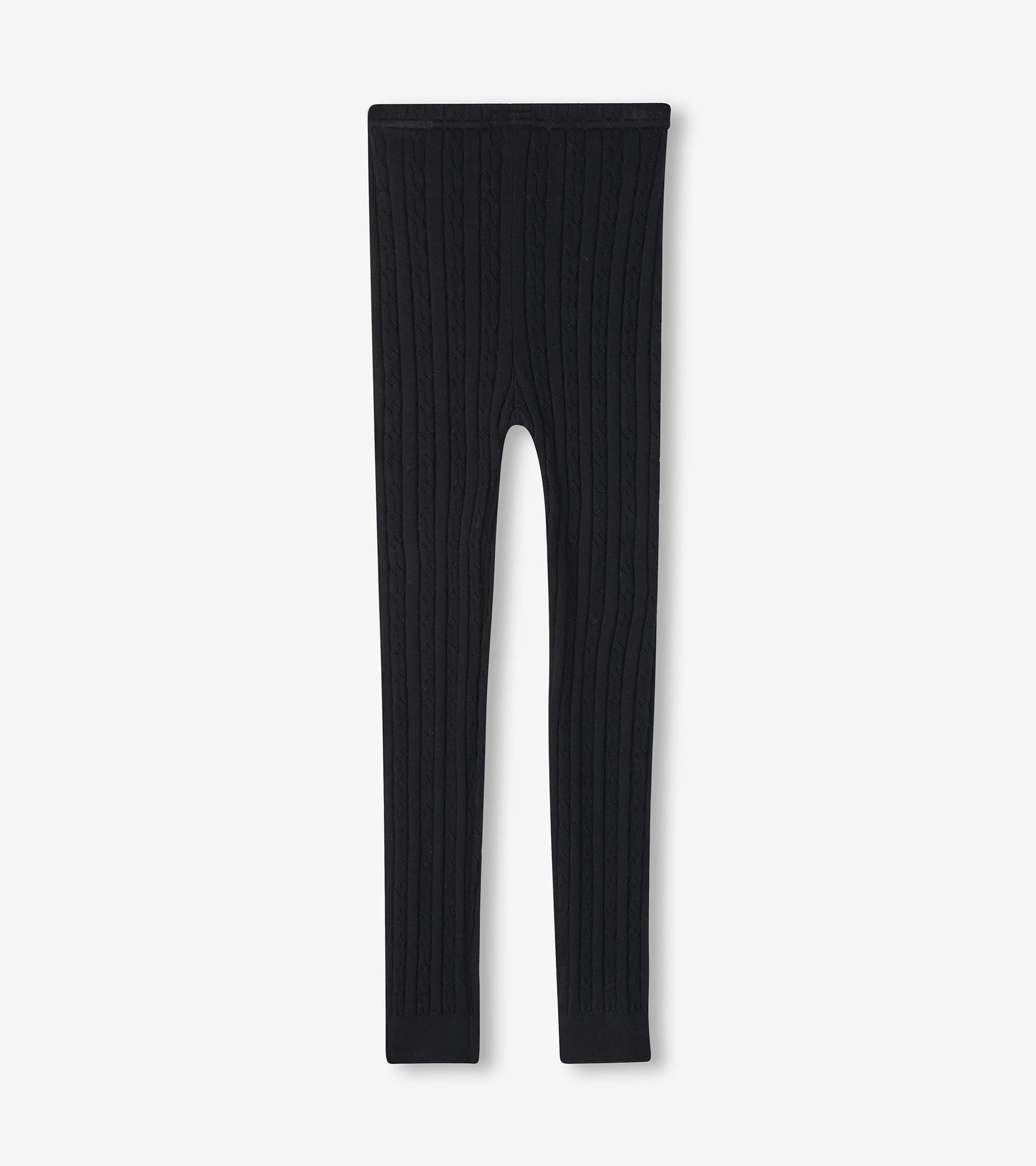Black cable knit leggings with a snug fit, featuring a textured pattern and elastic waistband. Suitable for casual wear.