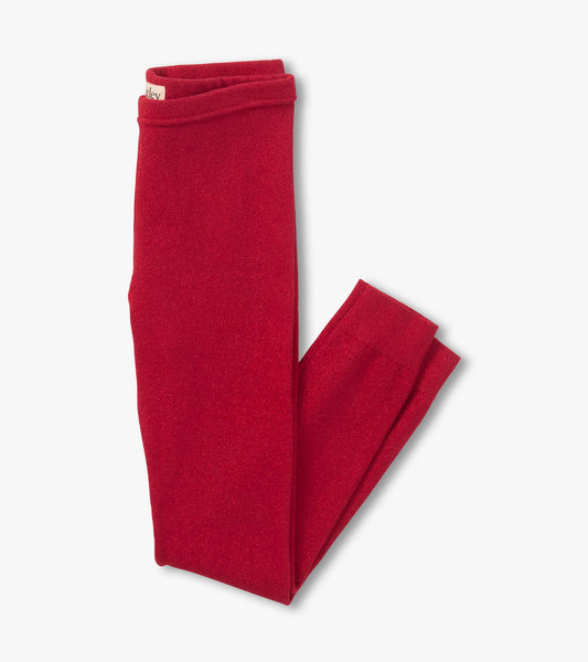 Red shimmer knit leggings with a soft texture, suitable for girls, folded neatly.