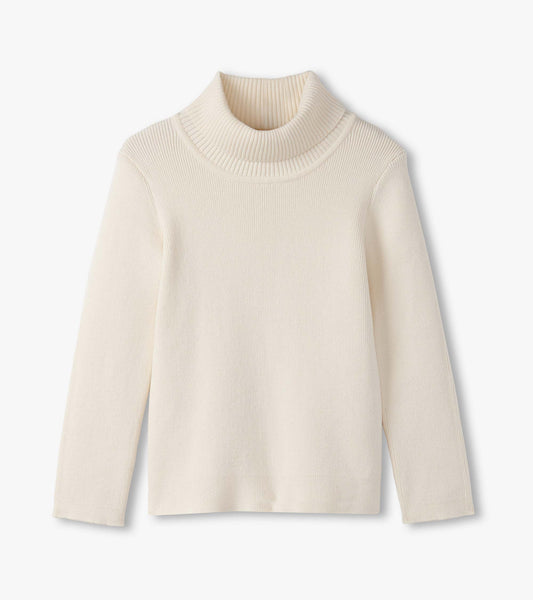 Cream turtleneck sweater with ribbed collar and long sleeves, suitable for girls.