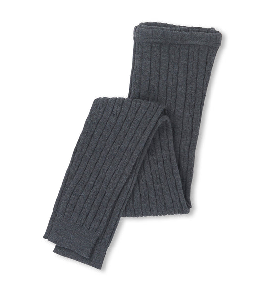 Charcoal gray cable knit tights with a ribbed pattern, suitable for girls in various sizes.