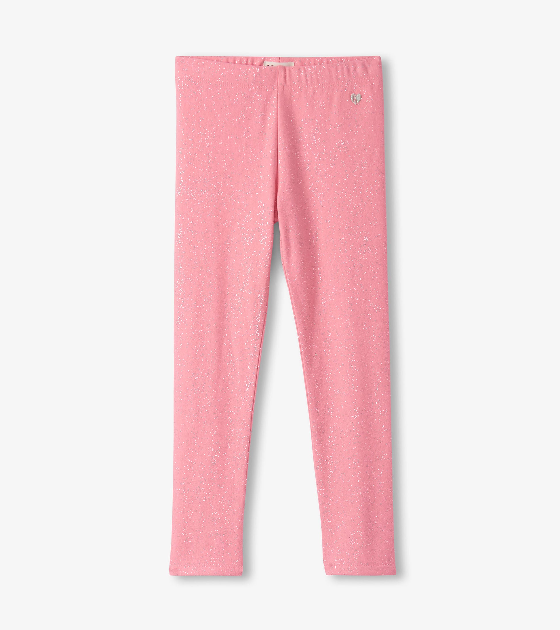 Pink leggings with a sparkly finish, featuring a comfortable elastic waistband, suitable for casual wear.