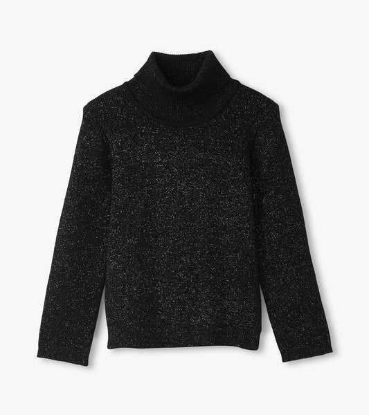 Black glitter turtleneck sweater with long sleeves and a ribbed collar, suitable for girls.