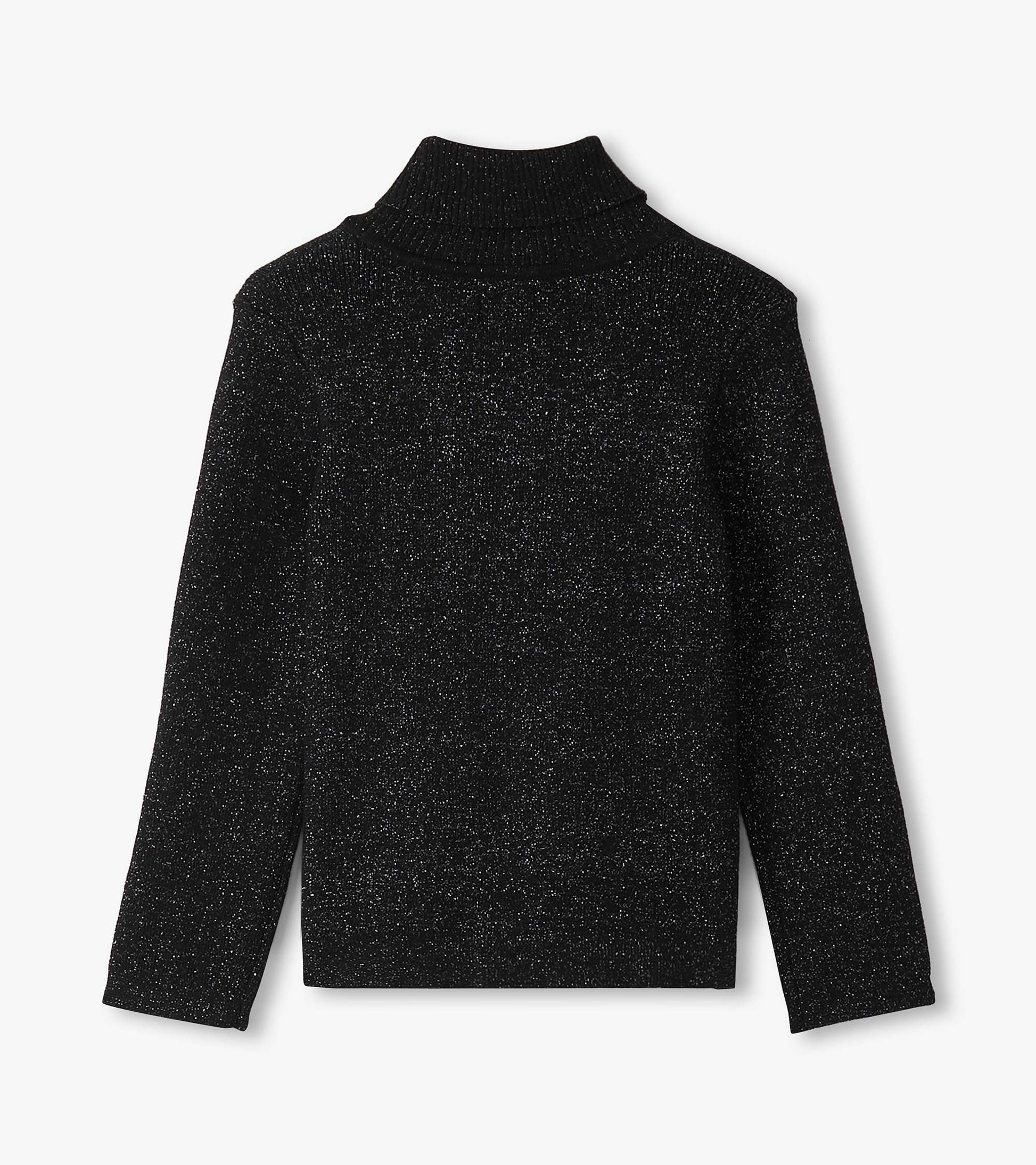 Black glitter turtleneck sweater with long sleeves and a high collar, viewed from the back.