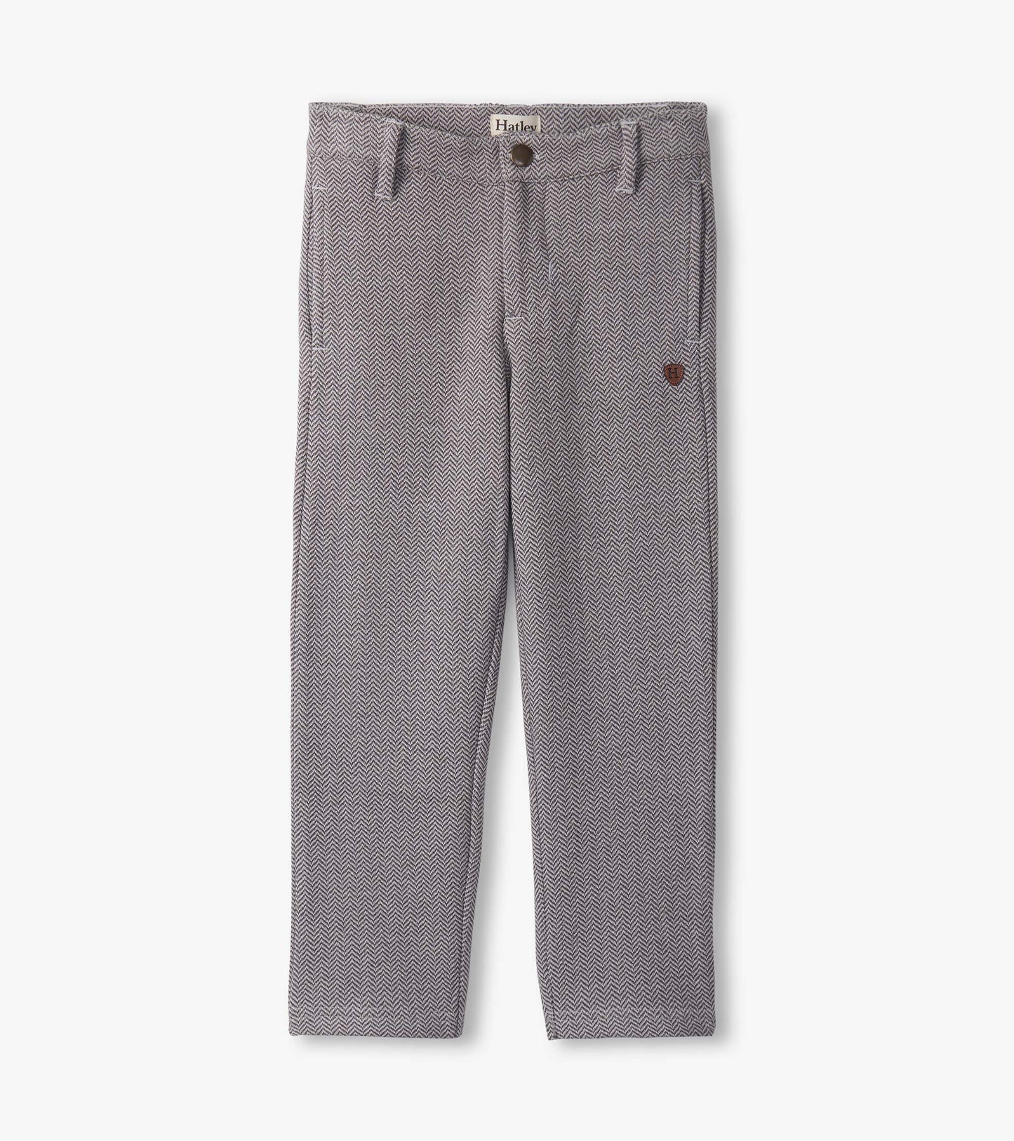Dark grey herringbone straight leg pants with front pockets and a button closure. Suitable for casual or semi-formal wear.