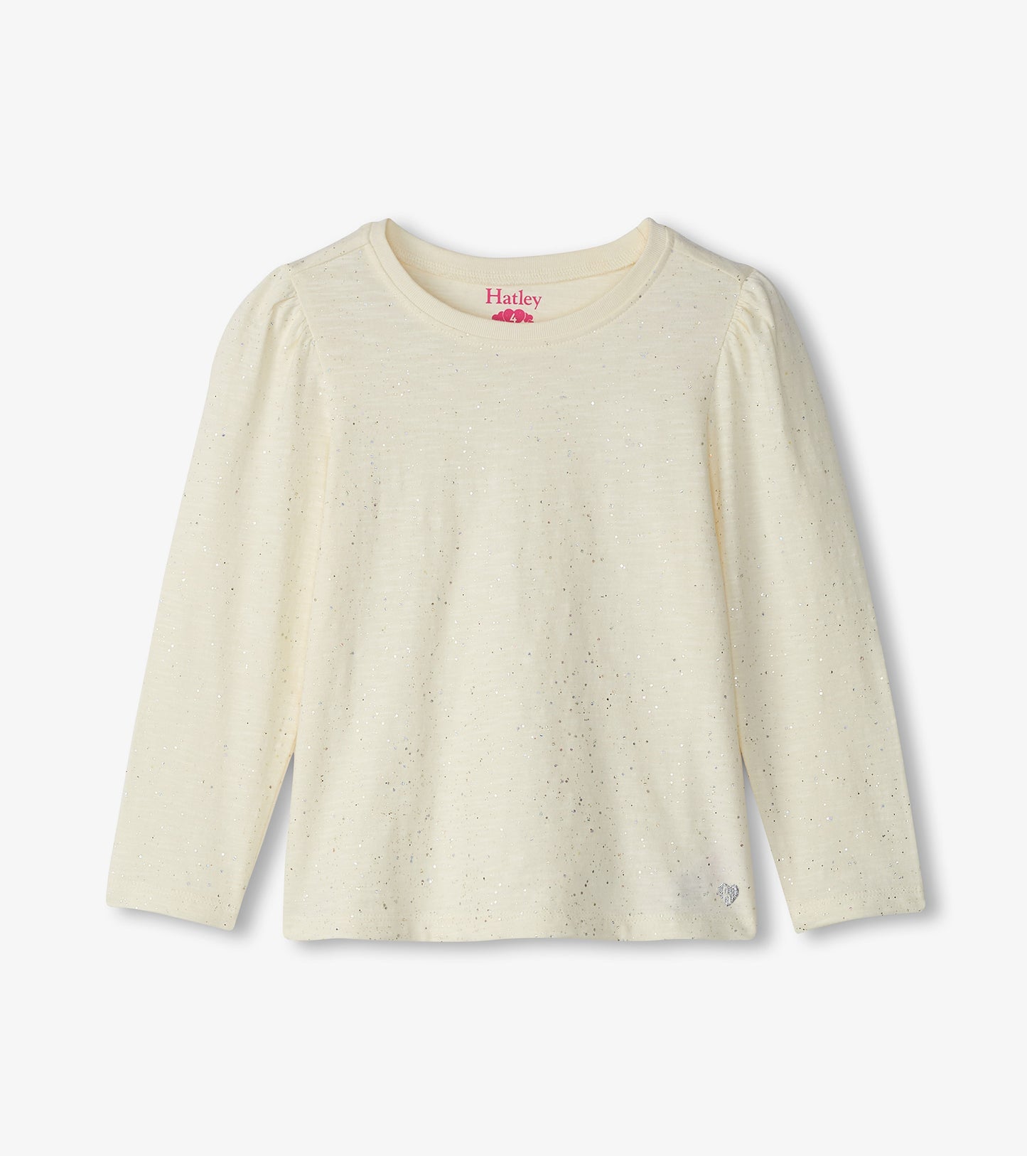 Cream long sleeve graphic tee with a subtle shimmer, featuring gathered sleeves and a round neckline.