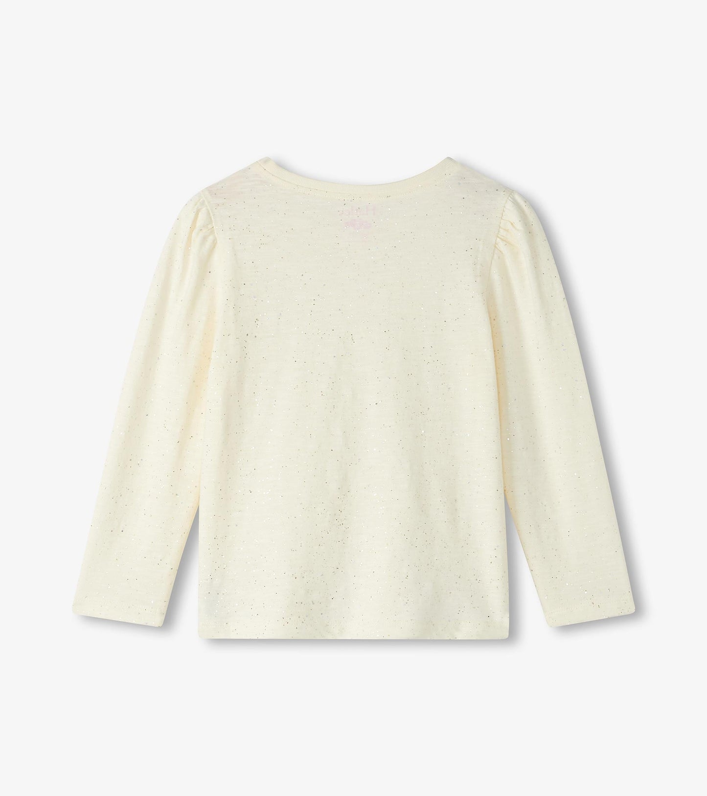 Light cream long sleeve graphic tee with a subtle speckled pattern and gathered shoulders, viewed from the back.