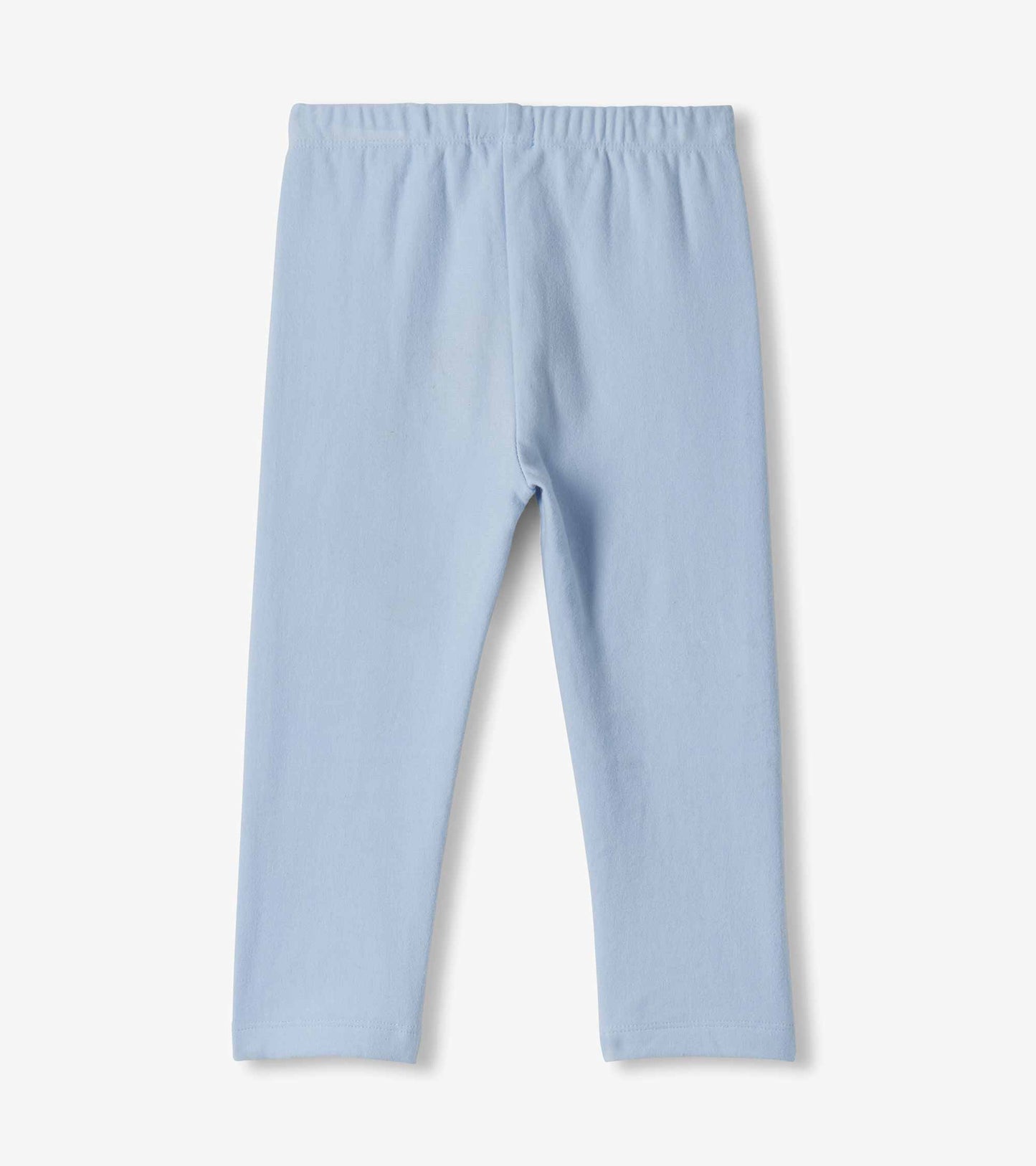 Back view of baby blue leggings with an elastic waistband and plain legs