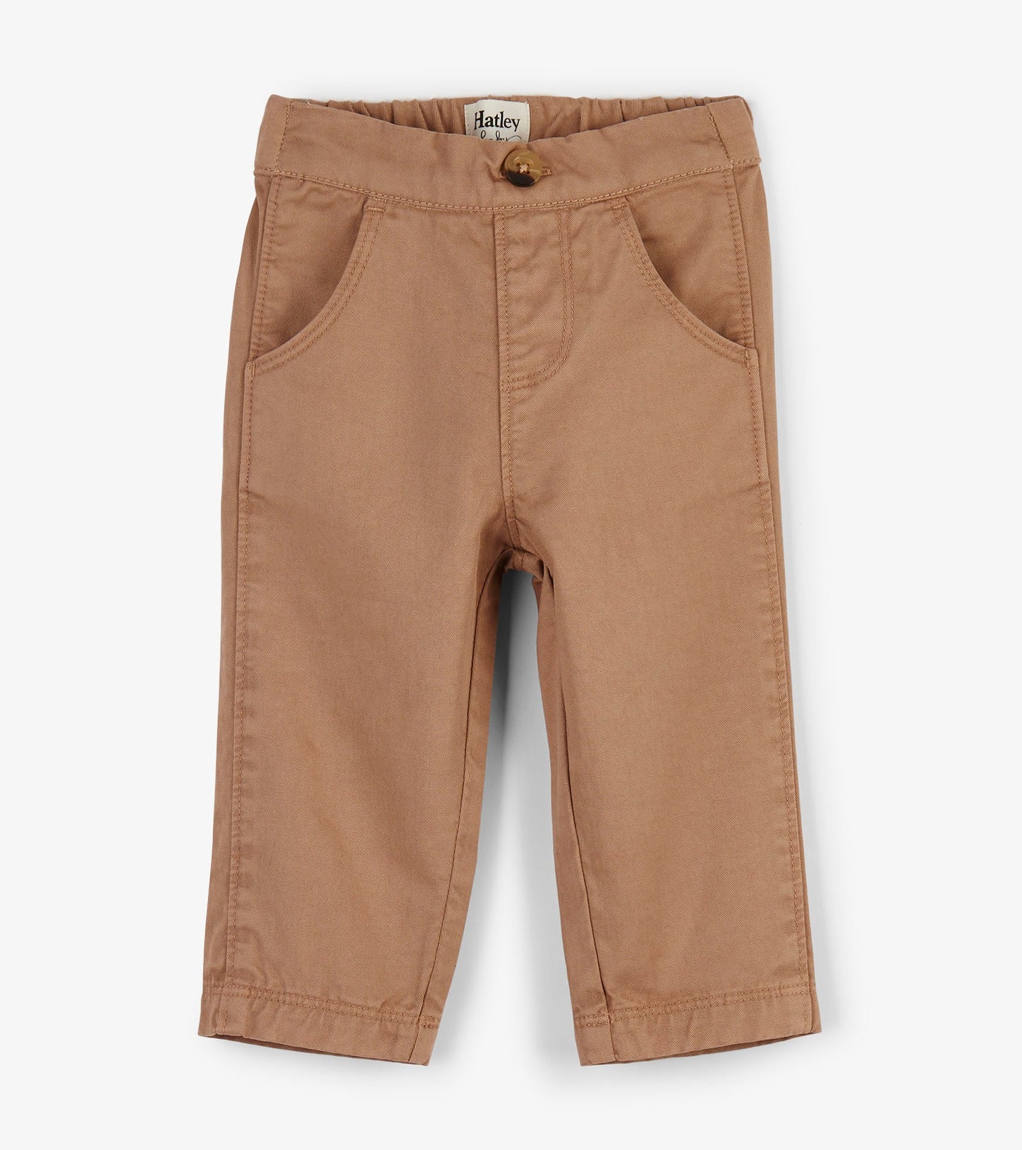 Khaki twill baby pants with a button closure and front pockets, suitable for casual wear.