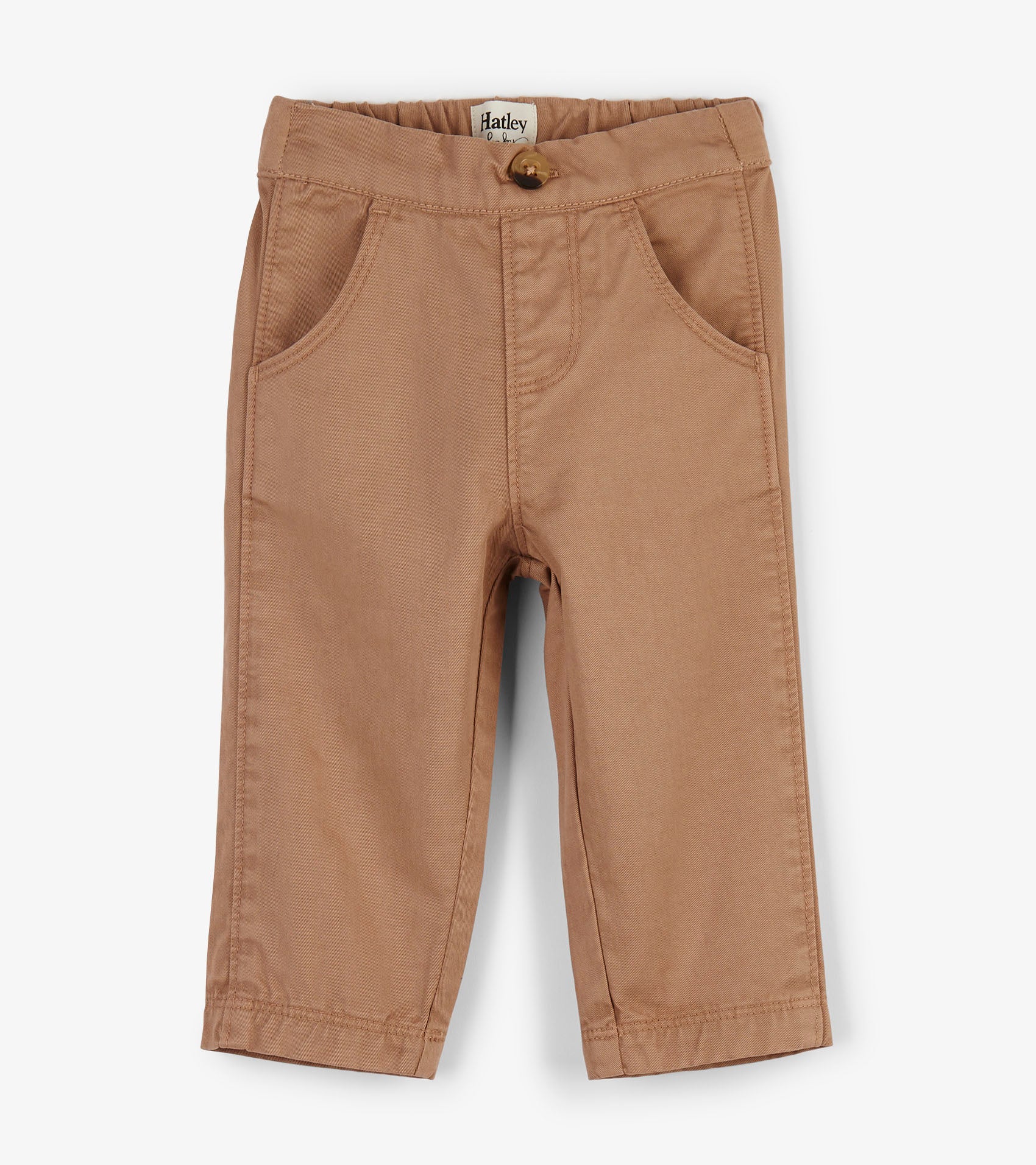 Khaki twill baby pants with a button closure and front pockets, suitable for casual wear.