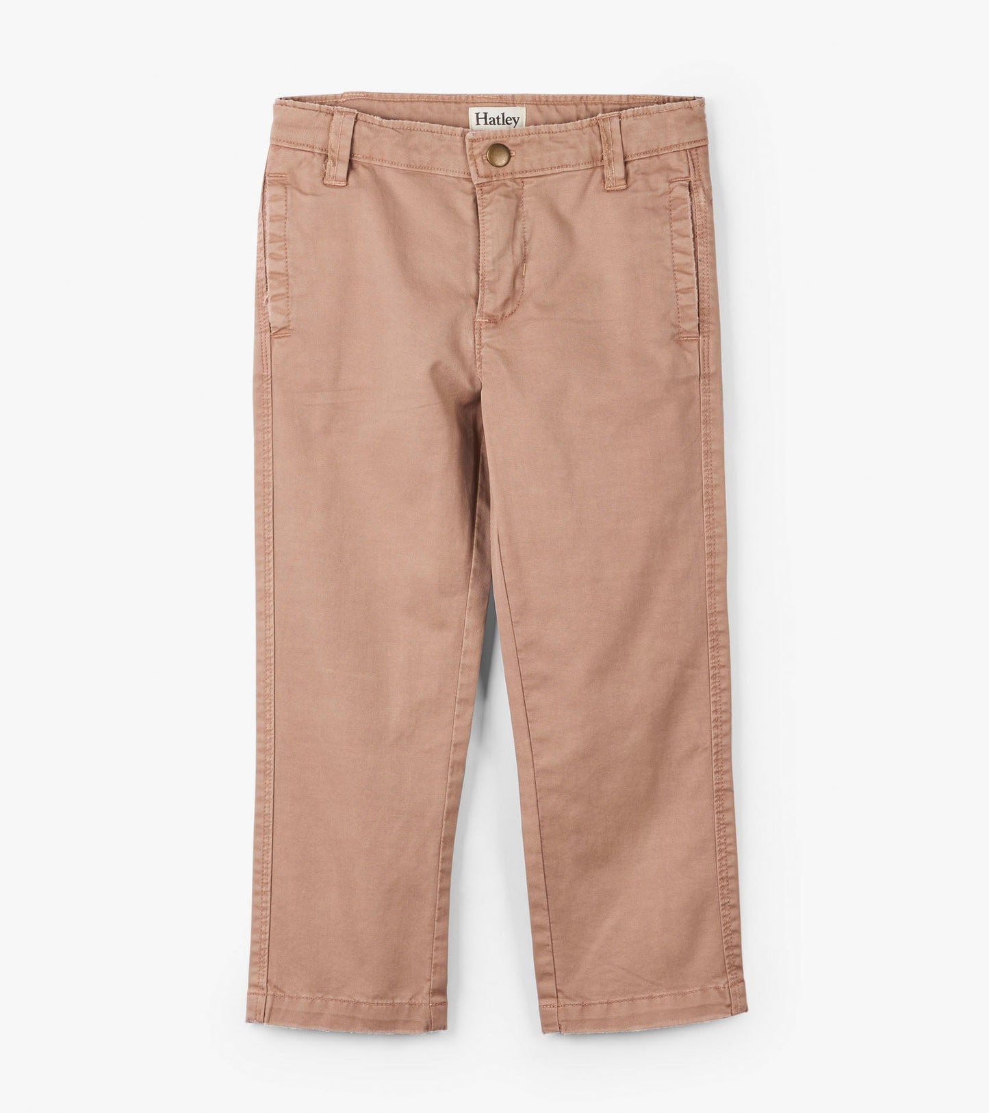 Khaki twill pants for boys with a classic fit, featuring front pockets and a button closure.