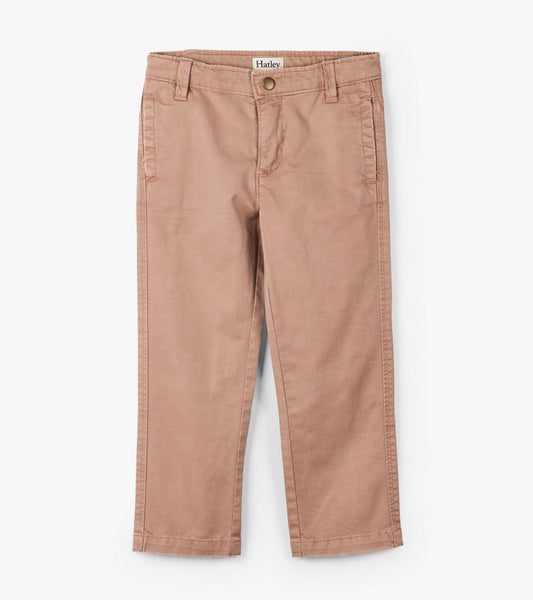 Khaki twill pants for boys with a classic fit, featuring front pockets and a button closure.