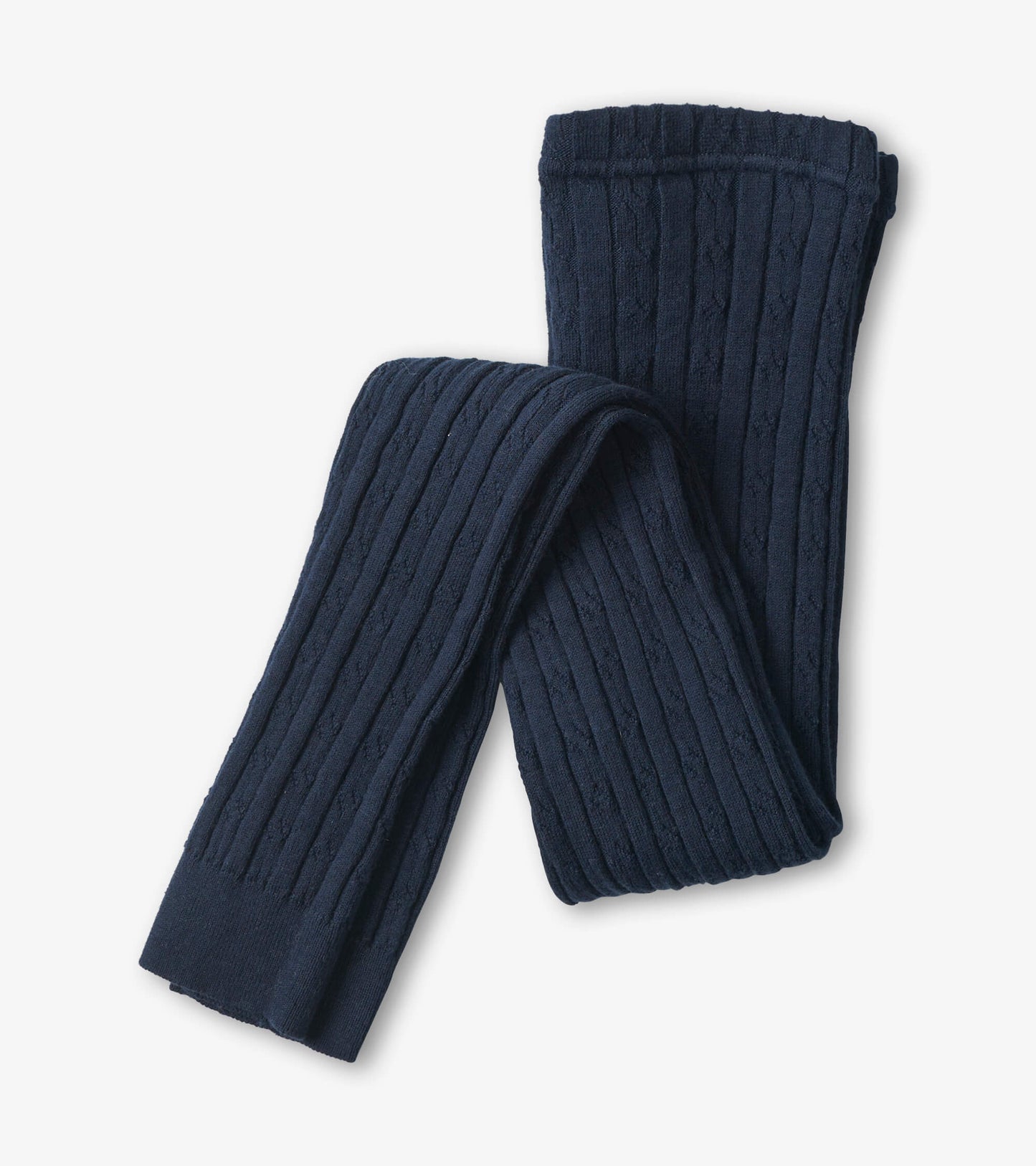 Navy cable knit tights with ribbed texture, suitable for girls, folded for display.