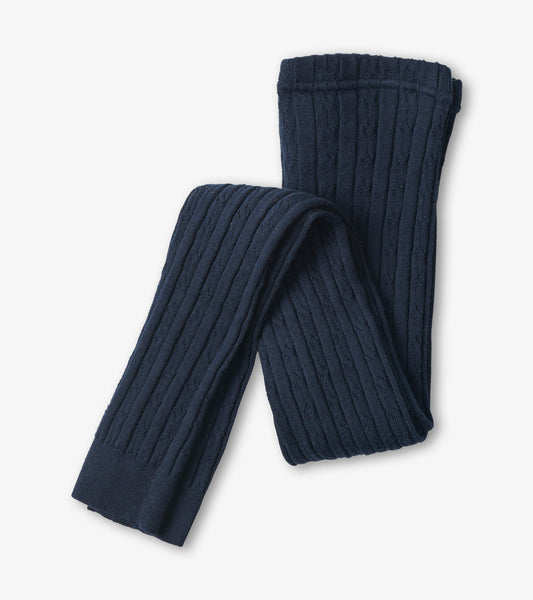 Navy cable knit tights with ribbed texture, suitable for girls, folded for display.