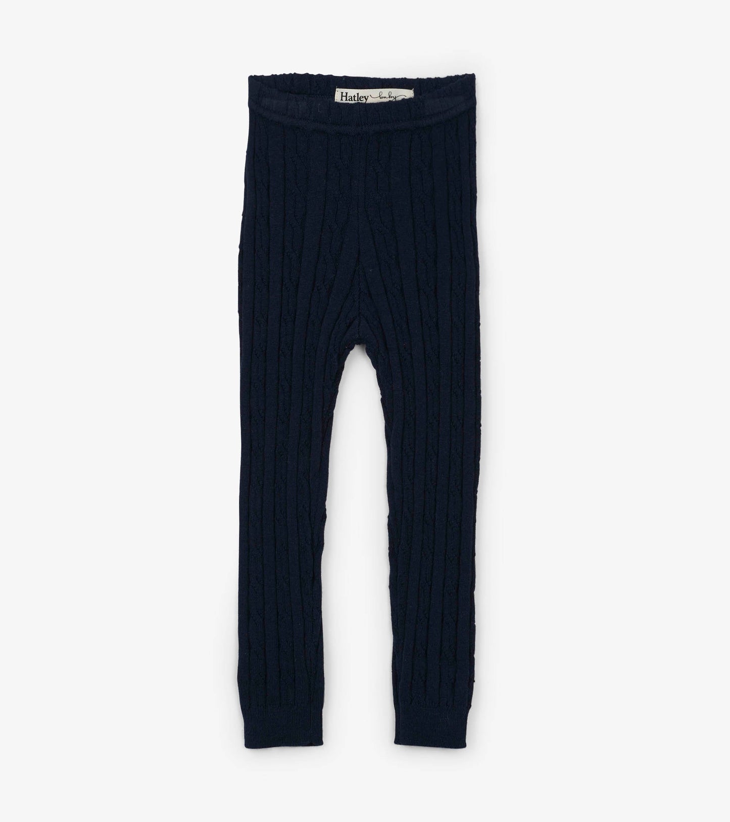 Navy cable knit leggings for babies, featuring a stretchy waistband and ribbed texture. Suitable for 0-24 months.