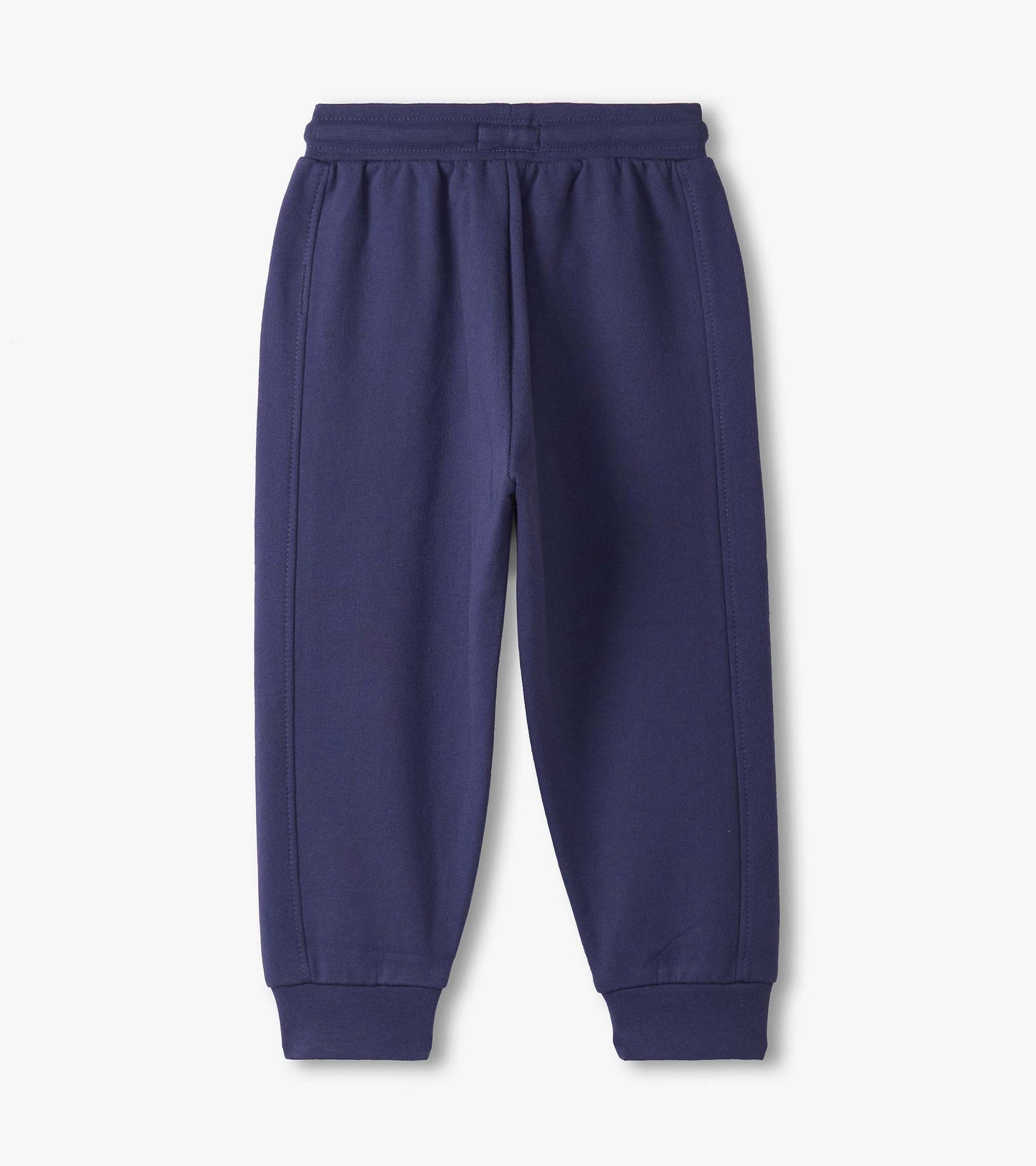 Back view of patriot blue toddler track pants with elastic waist and cuffed ankles