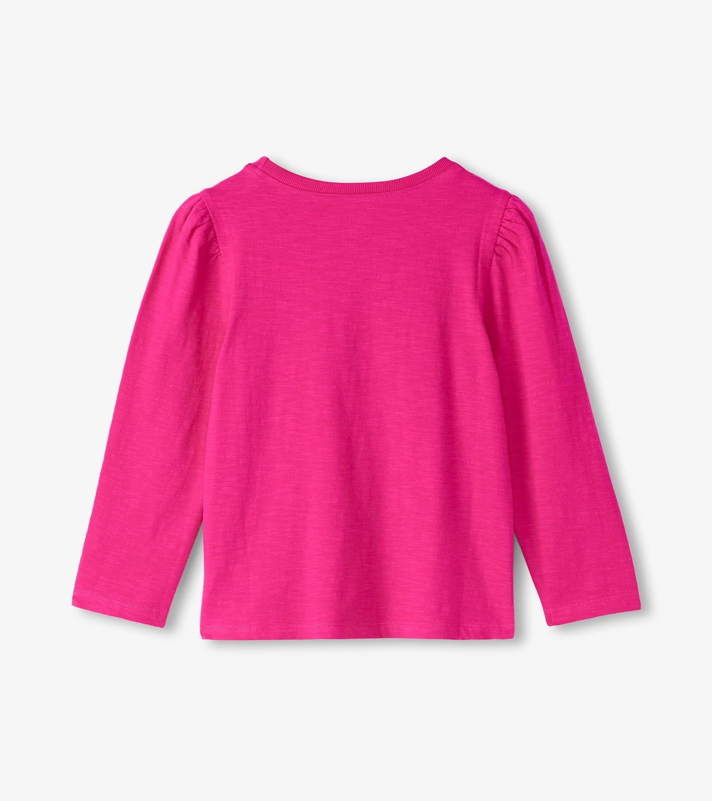 Bright pink long sleeve tee with a round neckline and gathered sleeves, suitable for casual wear.