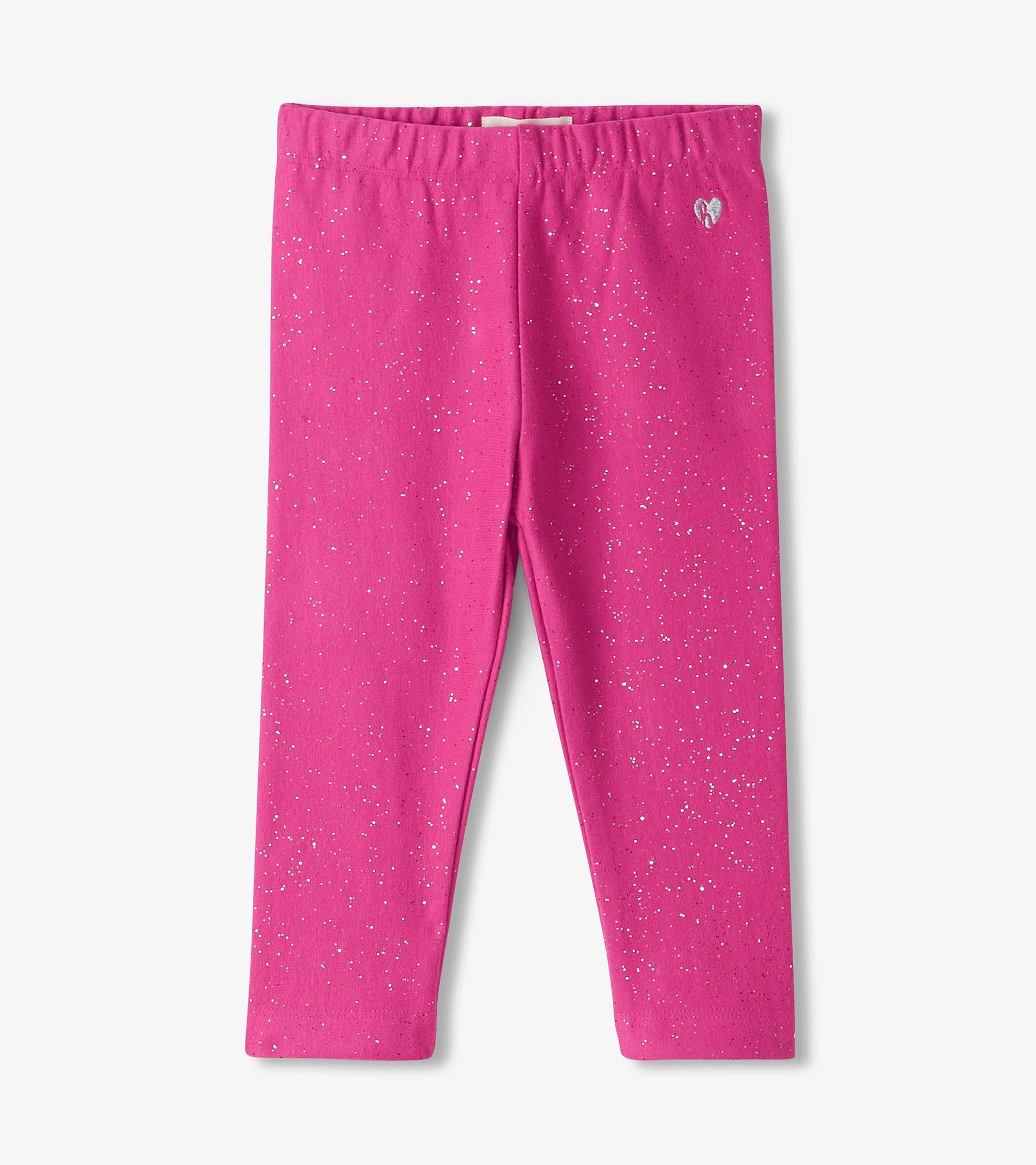 Bright pink cozy leggings with a sparkly pattern, featuring an elastic waistband for comfort. Suitable for baby and toddler…