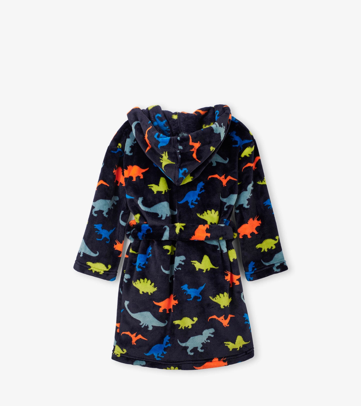 Navy fleece robe featuring colorful dinosaur patterns, with a hood and belt, shown from the back.