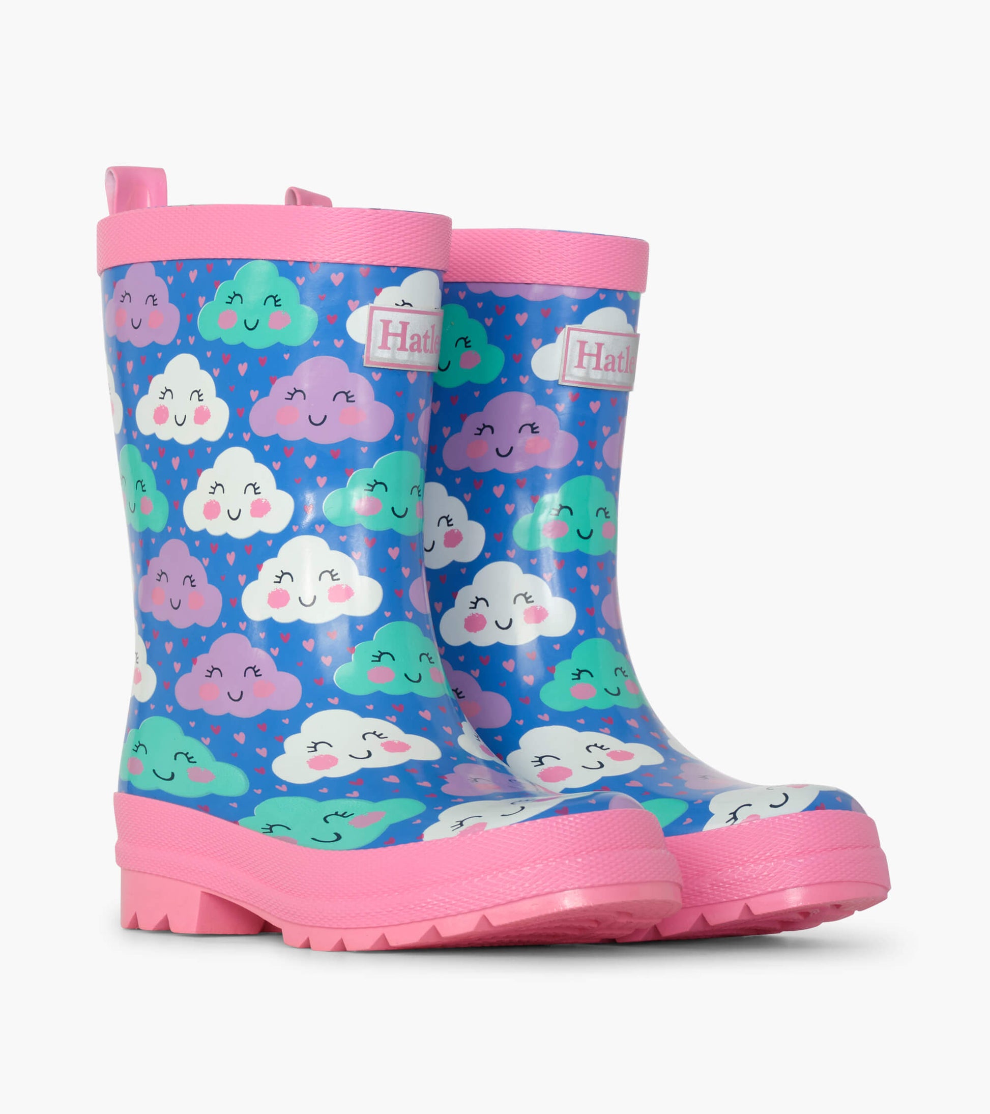 Colorful rain boots featuring smiling clouds on a blue background with pink soles and trim. Ideal for wet weather.
