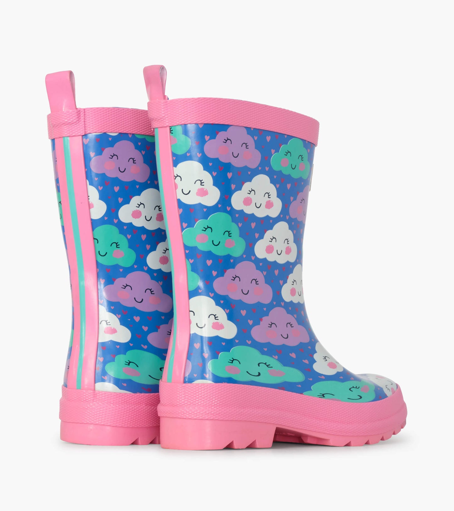 Colorful rain boots featuring smiling clouds on a blue background with pink accents and a textured sole for grip.
