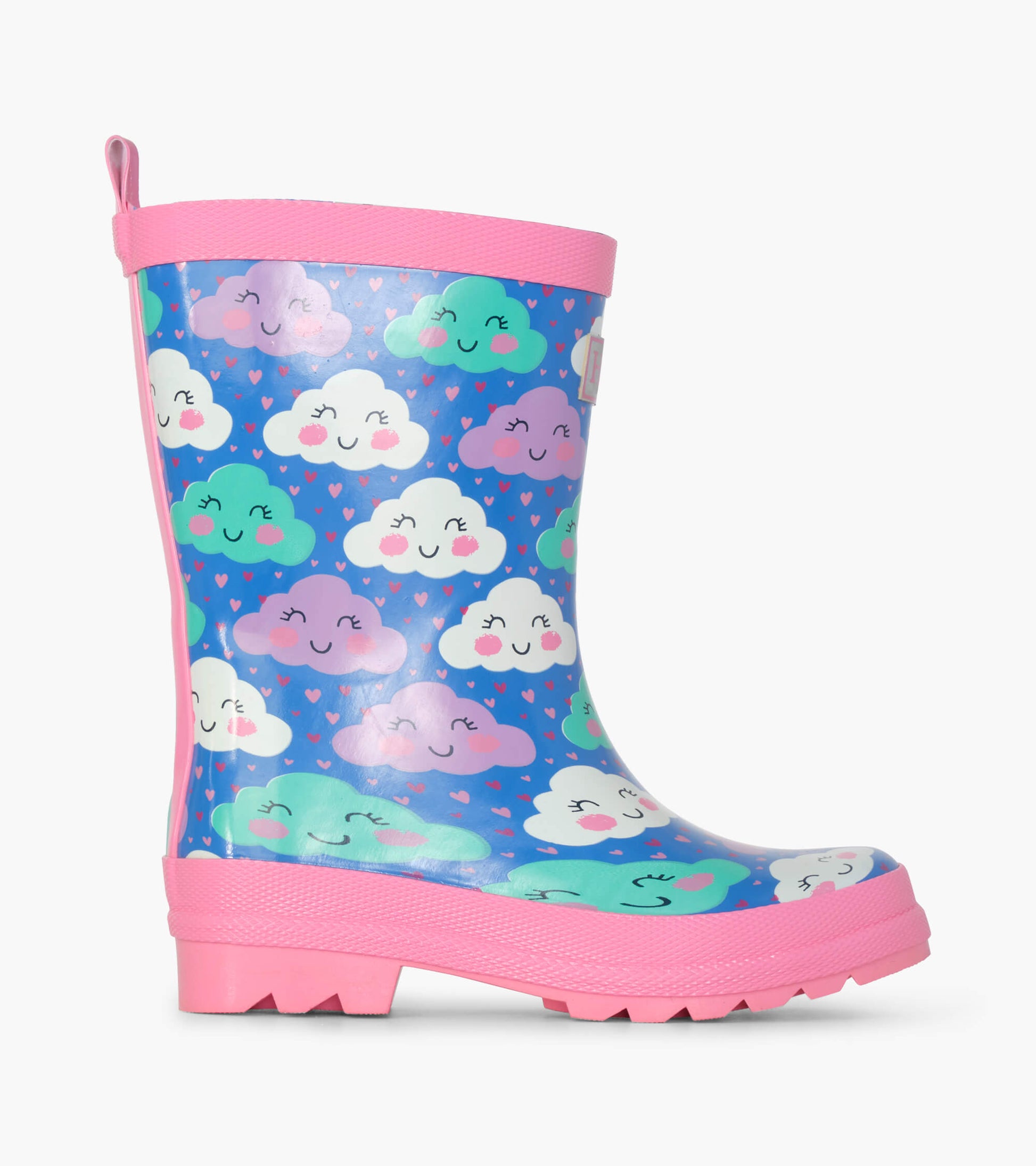 Shiny blue rain boots featuring cheerful cloud patterns and a pink trim, designed for kids.
