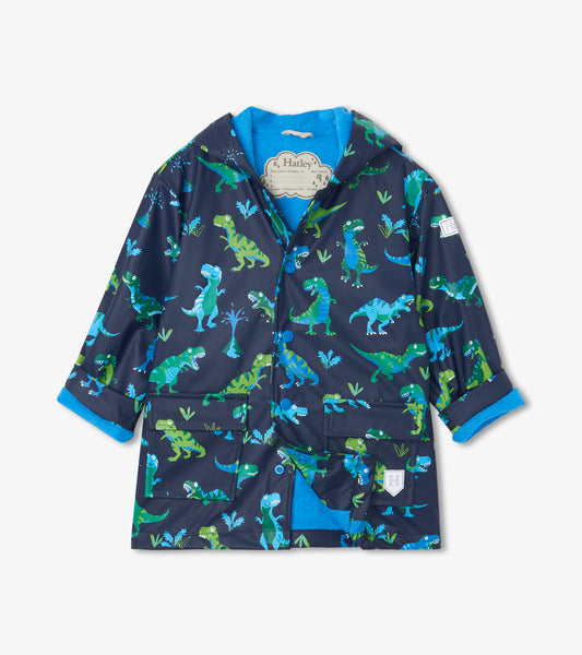 Navy raincoat featuring colorful dinosaur patterns, a hood, and blue fleece lining. Ideal for rainy days.