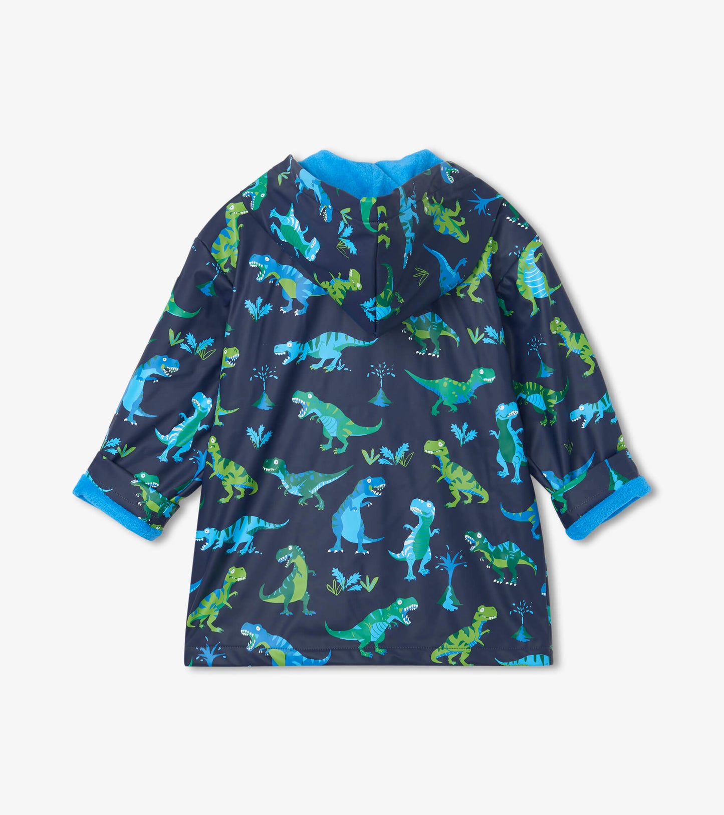 Navy raincoat featuring colorful dinosaur patterns, with a hood and blue trim, suitable for boys.