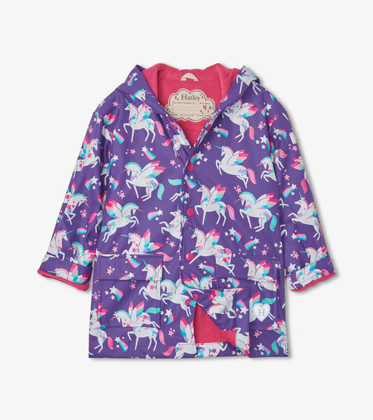 Purple raincoat featuring colorful unicorns and stars, with a pink lining and button-up front.