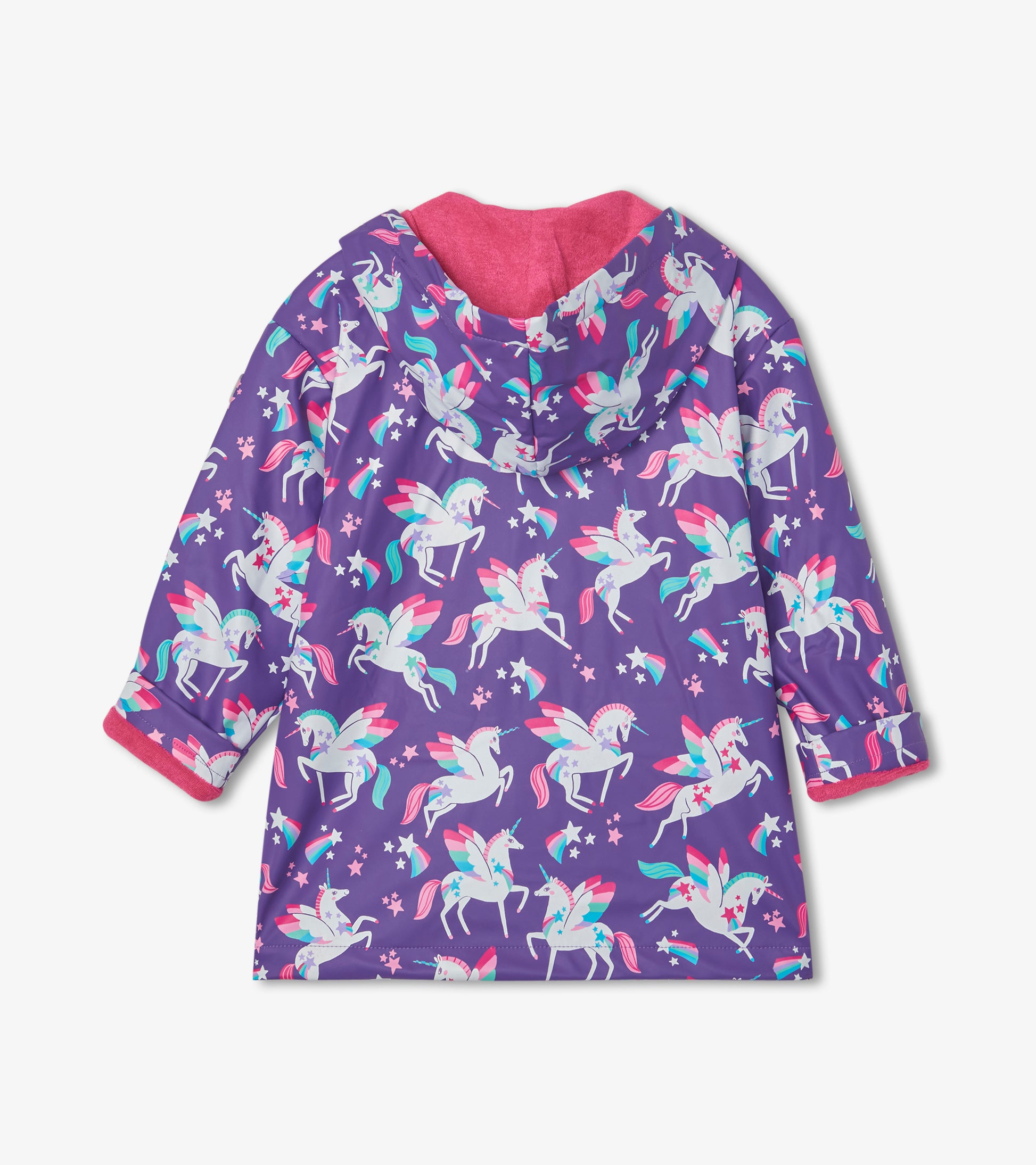 Purple raincoat featuring colorful unicorns and stars, with a pink-lined hood and long sleeves.