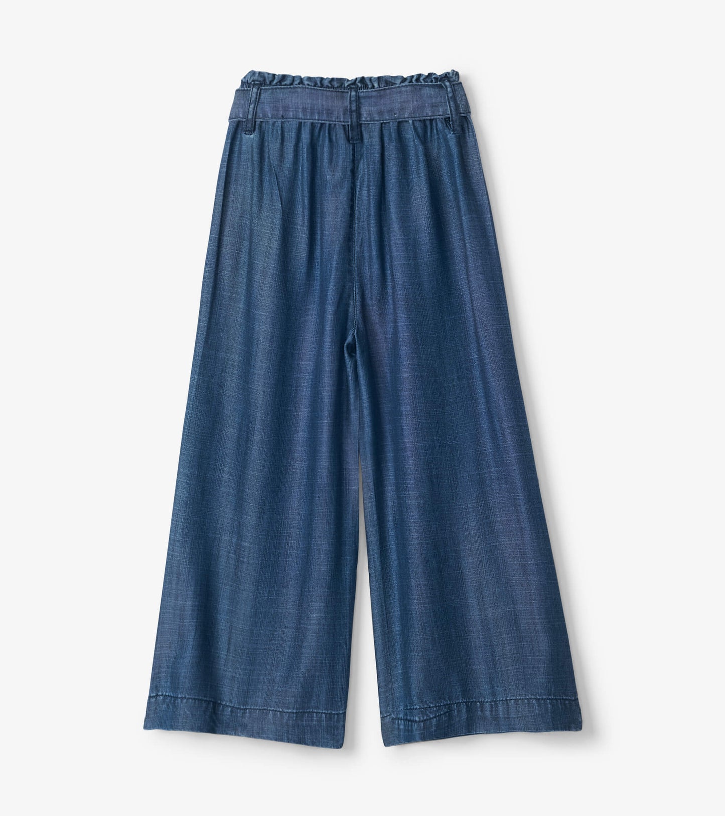 Blue textured paperbag pants with a wide leg and elastic waistband, viewed from the back.
