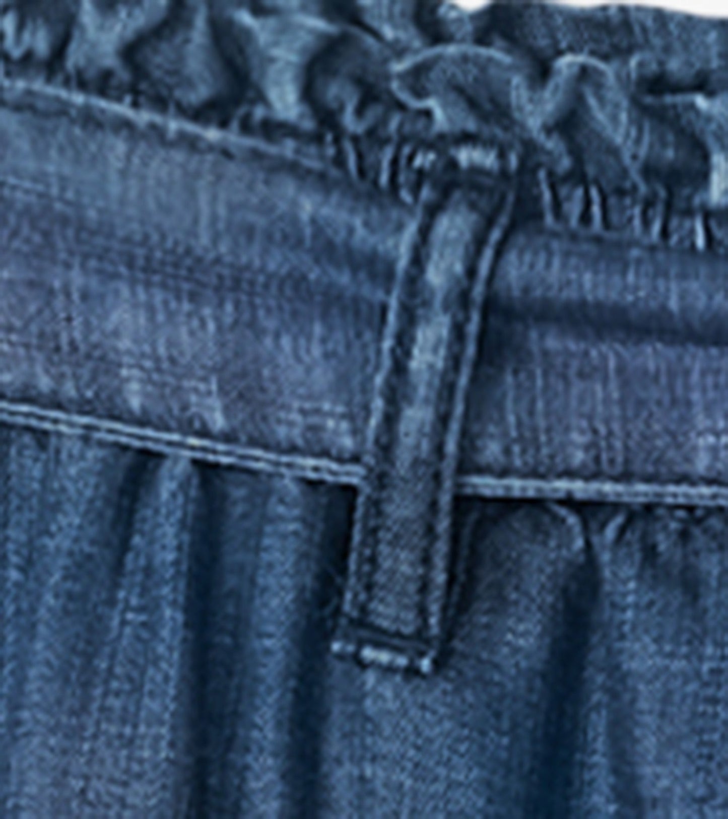 Blue textured paperbag pants with a gathered elastic waistband, suitable for casual wear.