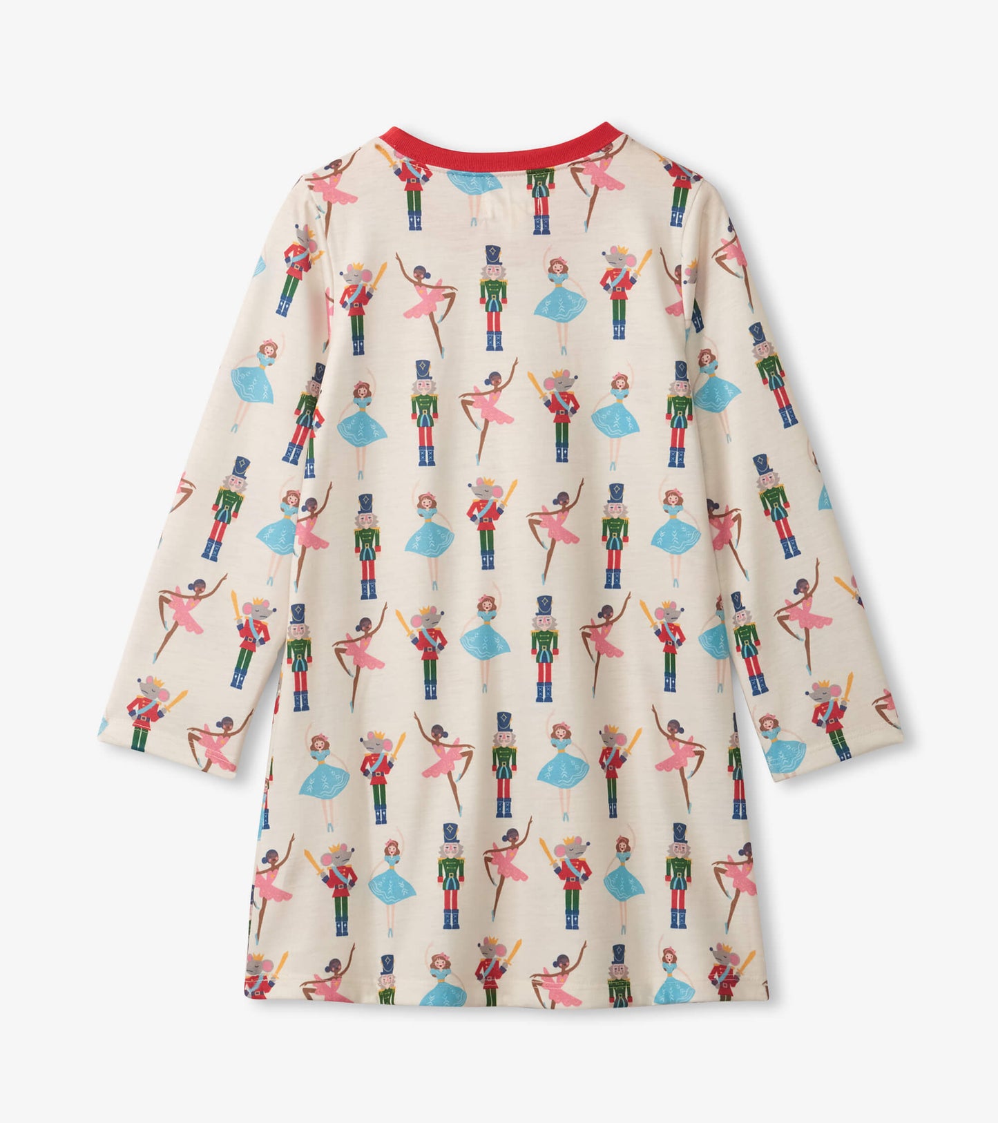Long sleeve girls nightgown featuring a playful nutcracker and ballet dancer print on a cream background.