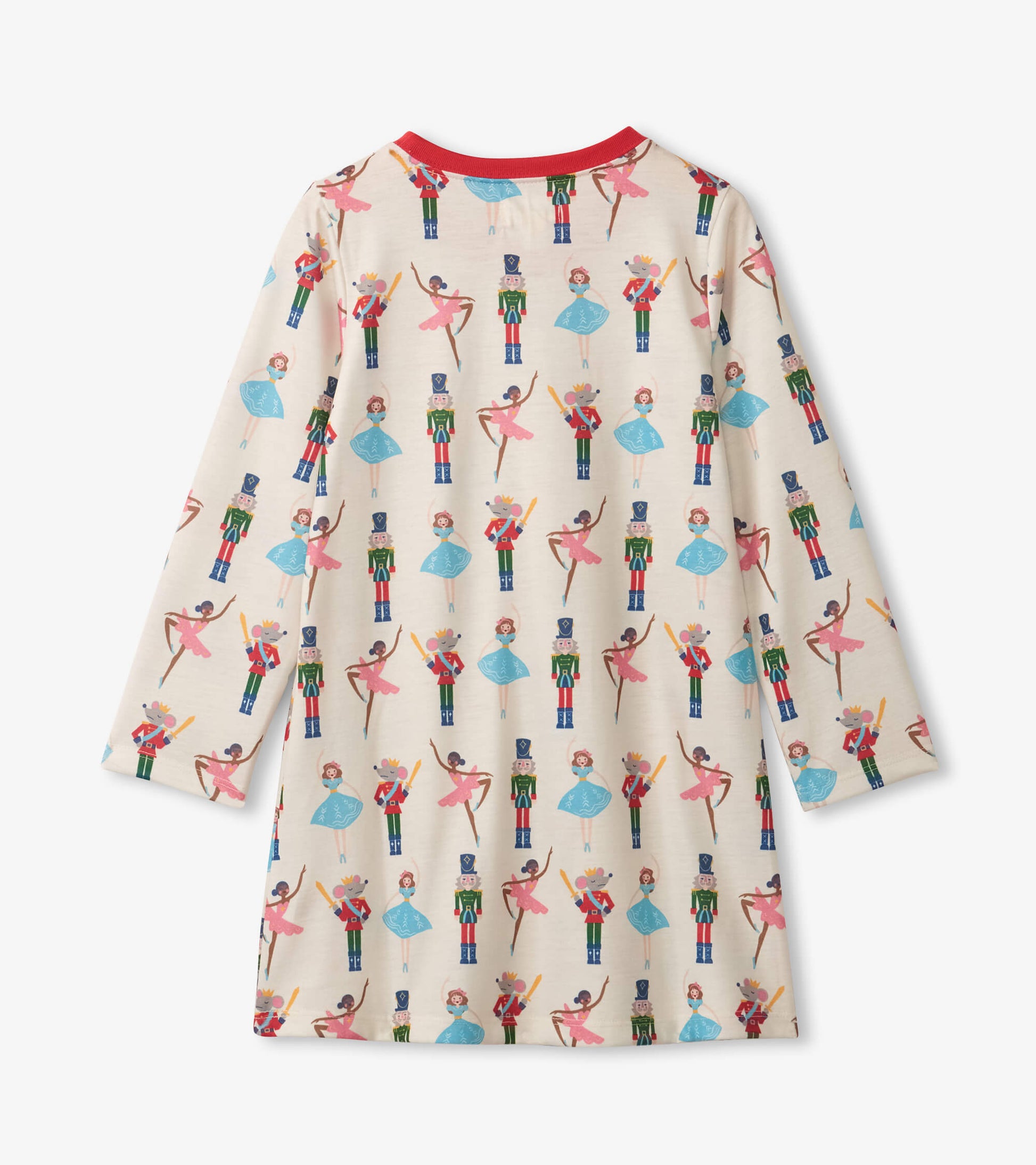 Long sleeve girls nightgown featuring a playful nutcracker and ballet dancer print on a cream background.