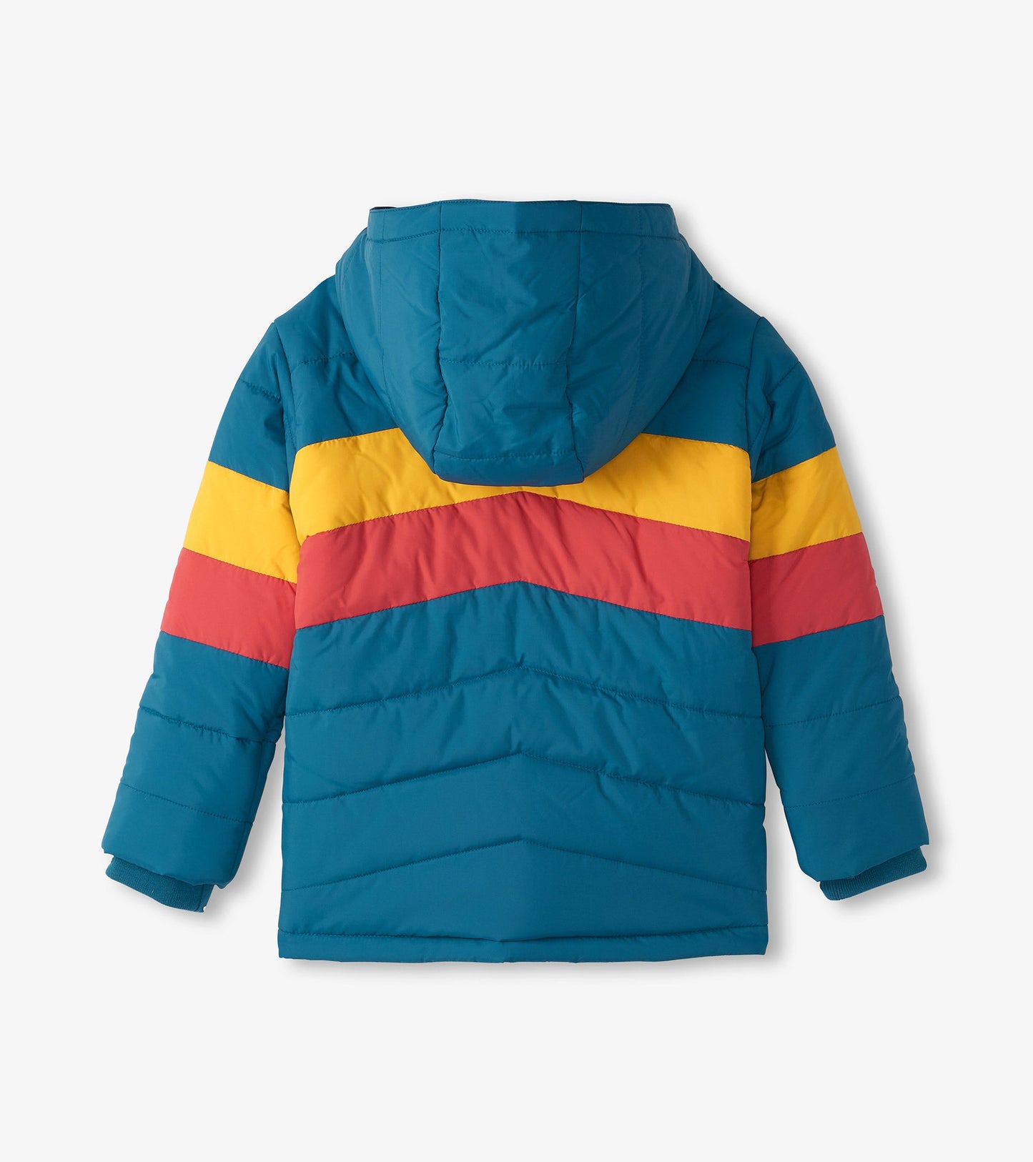 Teal puffer jacket with color block design featuring yellow, red, and blue stripes; hooded with quilted texture.